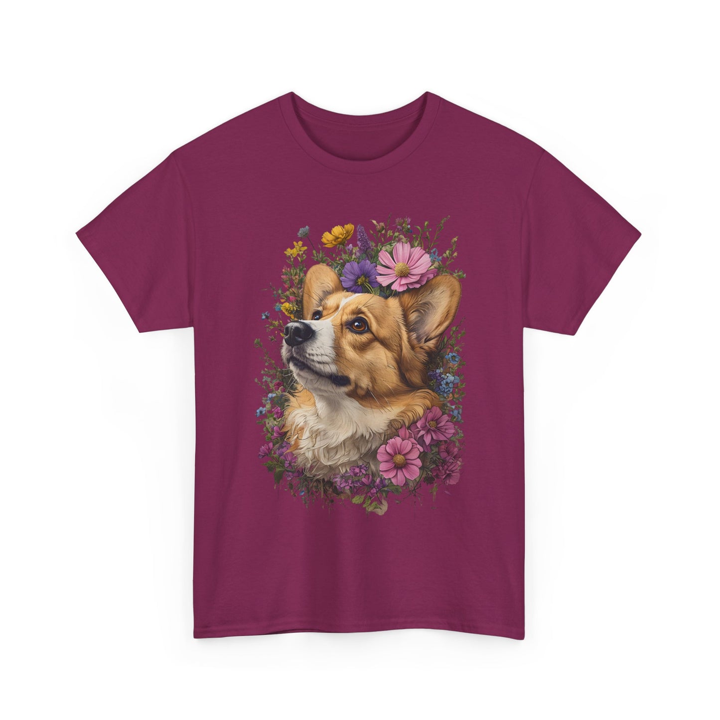 "Red Corgi w/ Flowers" Unisex Heavy Cotton Tee