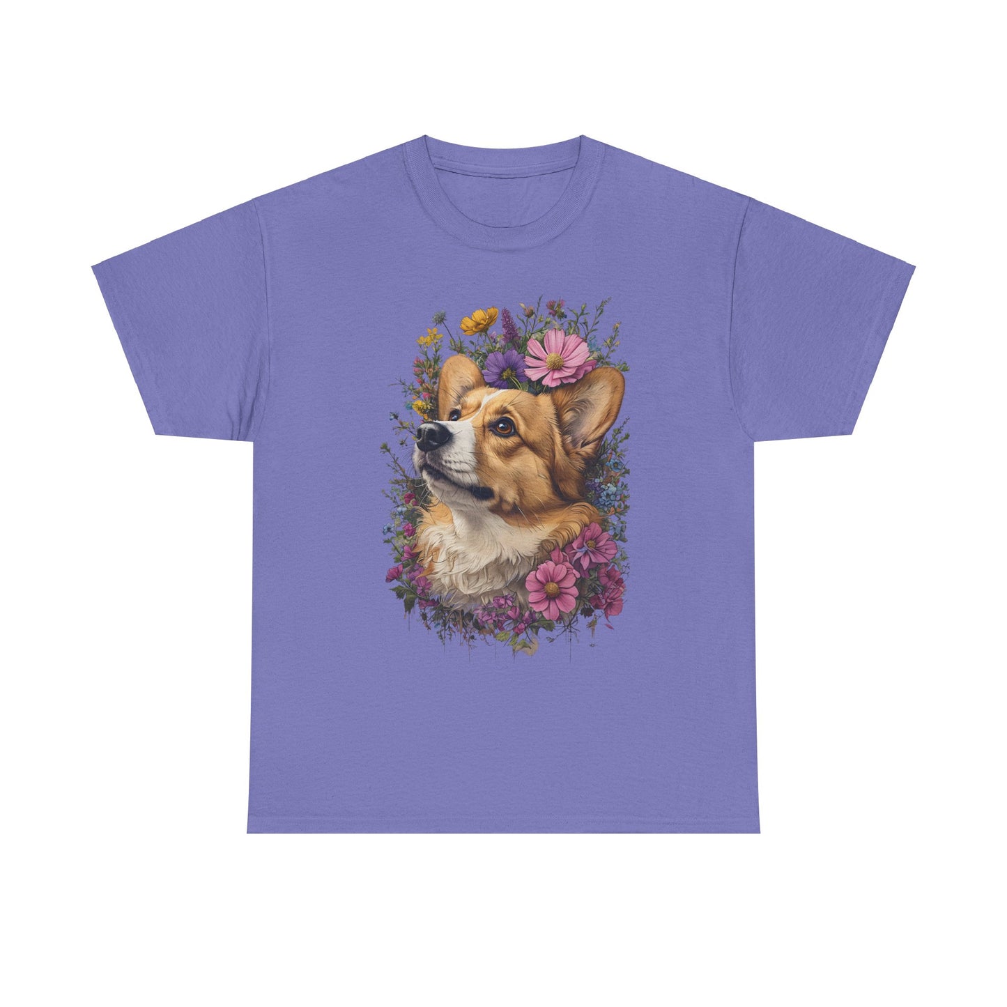 "Red Corgi w/ Flowers" Unisex Heavy Cotton Tee
