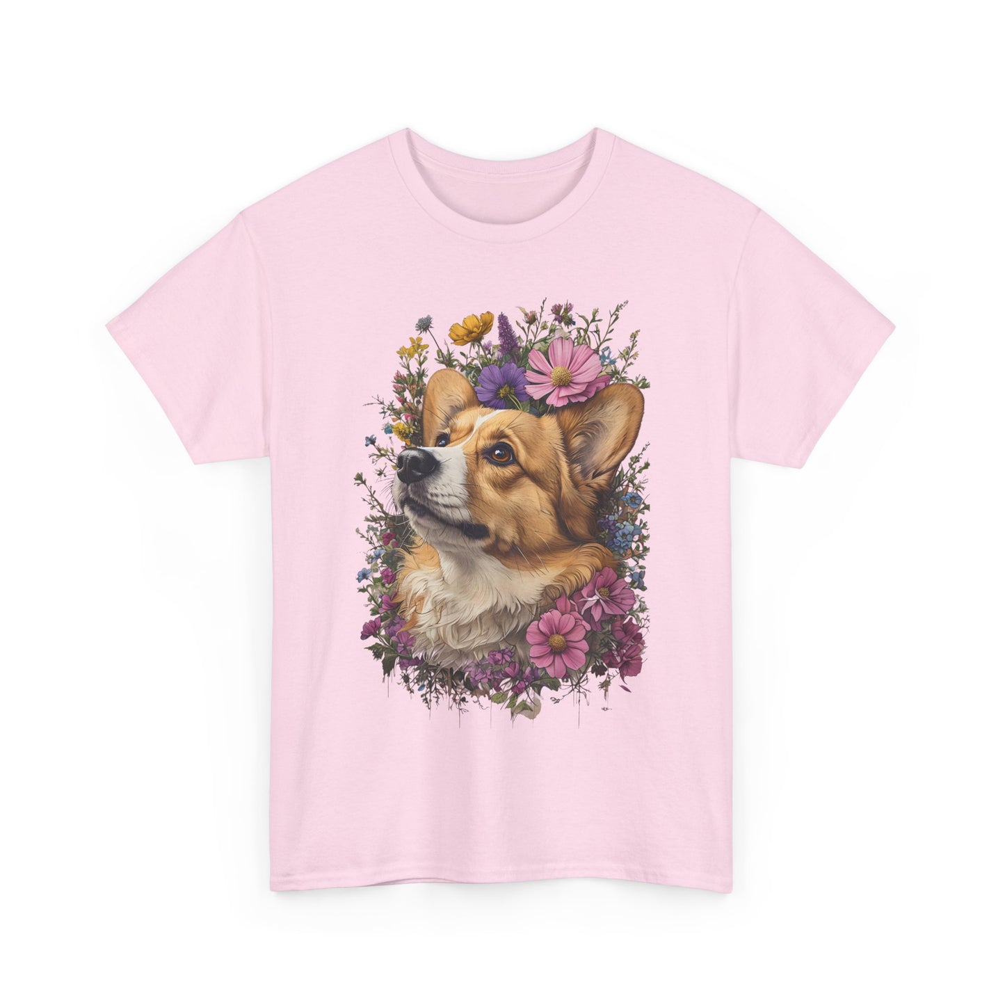 "Red Corgi w/ Flowers" Unisex Heavy Cotton Tee