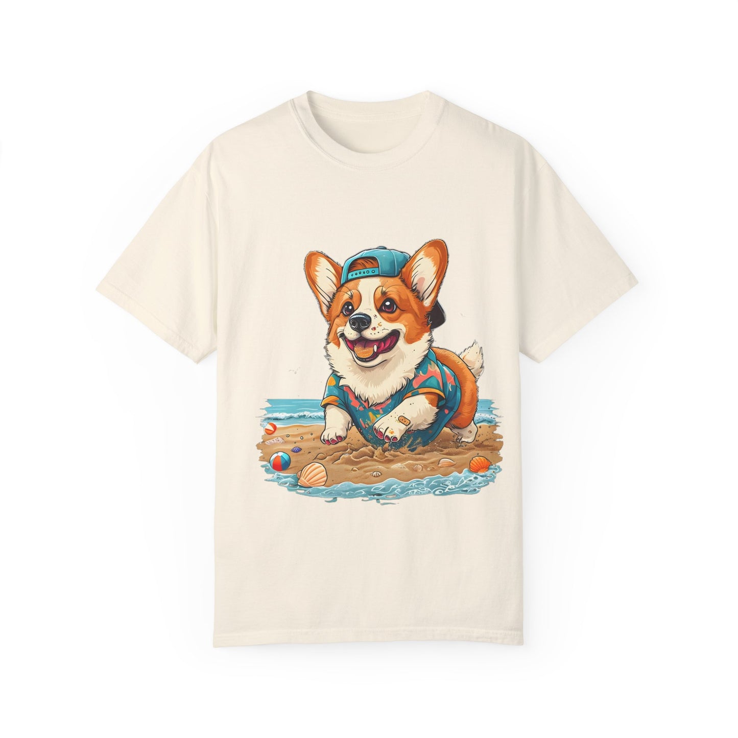 "Corgi Playing In Sand" Unisex Garment-Dyed T-shirt