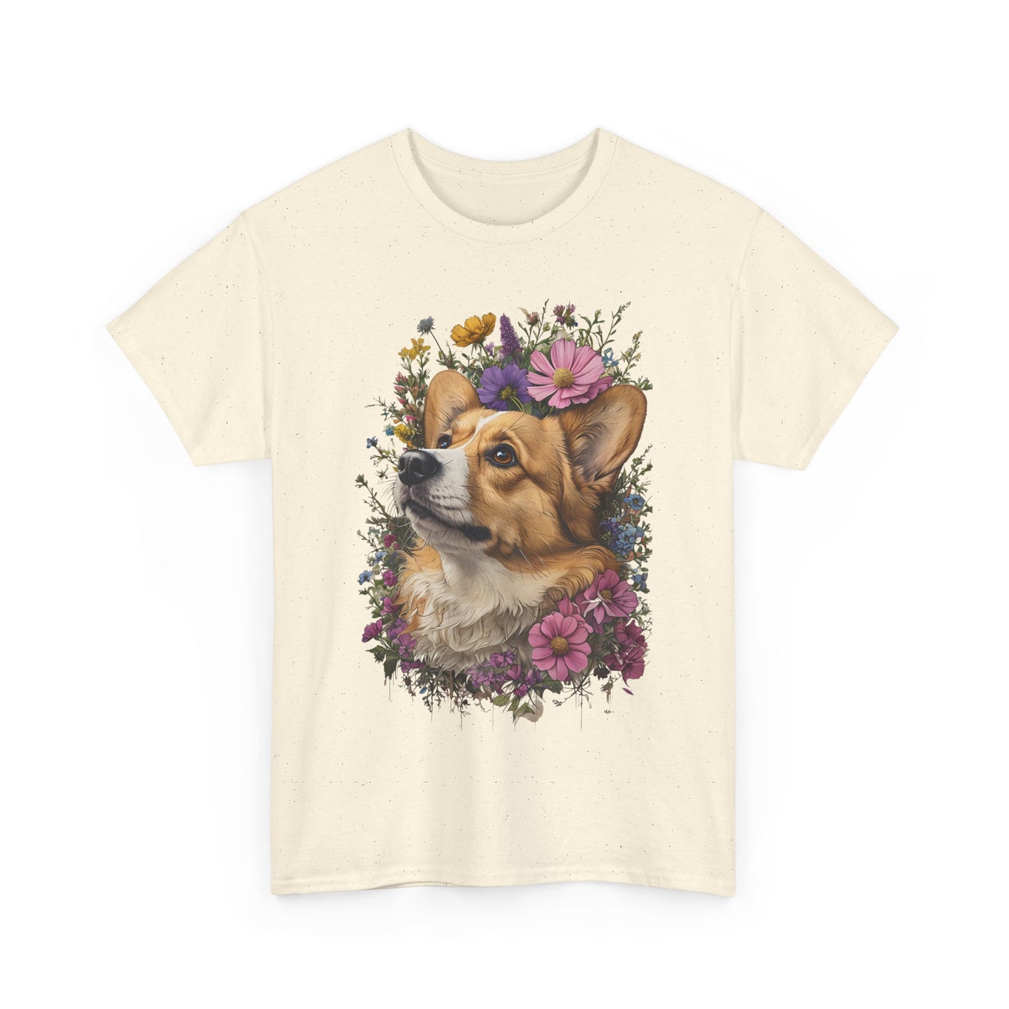 "Red Corgi w/ Flowers" Unisex Heavy Cotton Tee