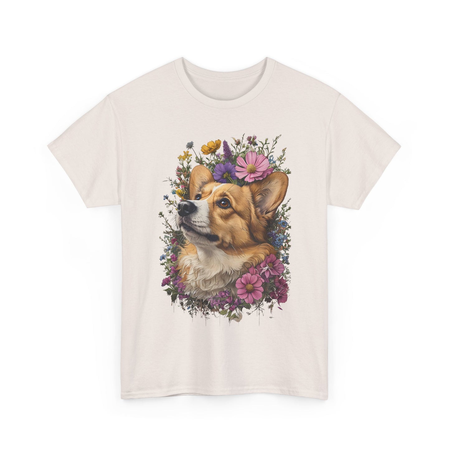 "Red Corgi w/ Flowers" Unisex Heavy Cotton Tee
