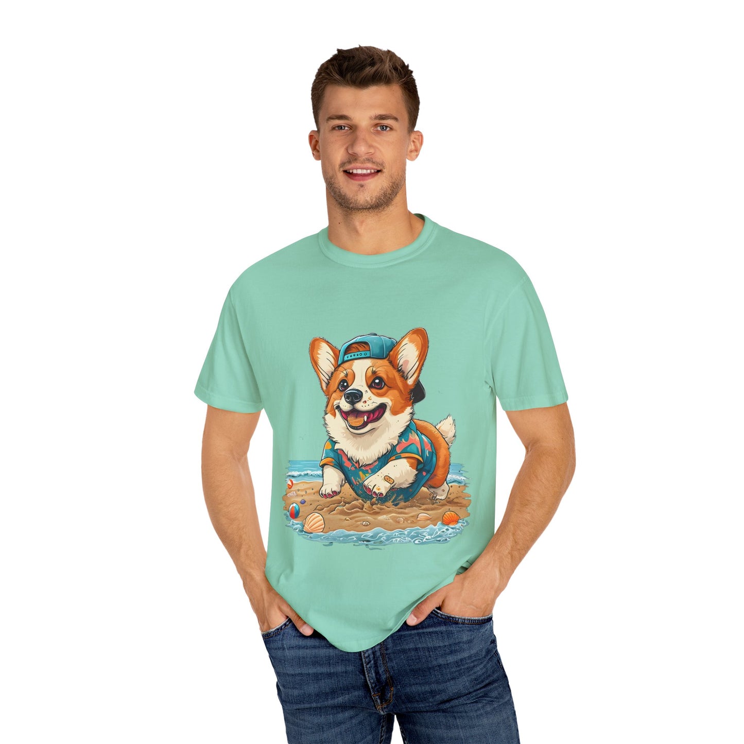 "Corgi Playing In Sand" Unisex Garment-Dyed T-shirt