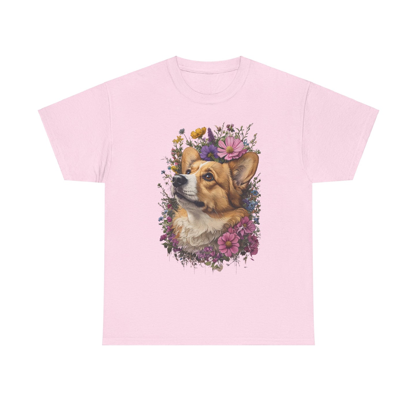 "Red Corgi w/ Flowers" Unisex Heavy Cotton Tee