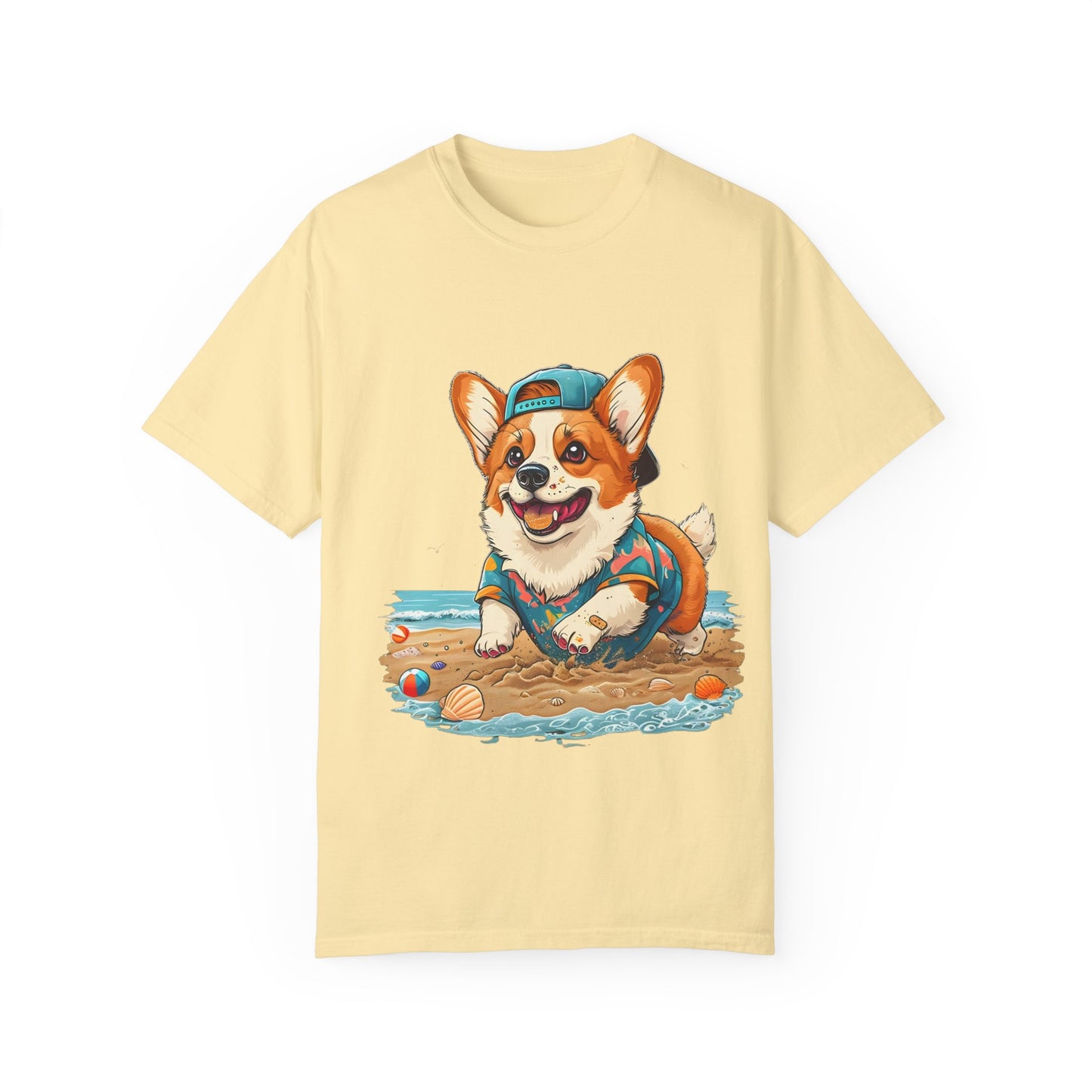 "Corgi Playing In Sand" Unisex Garment-Dyed T-shirt