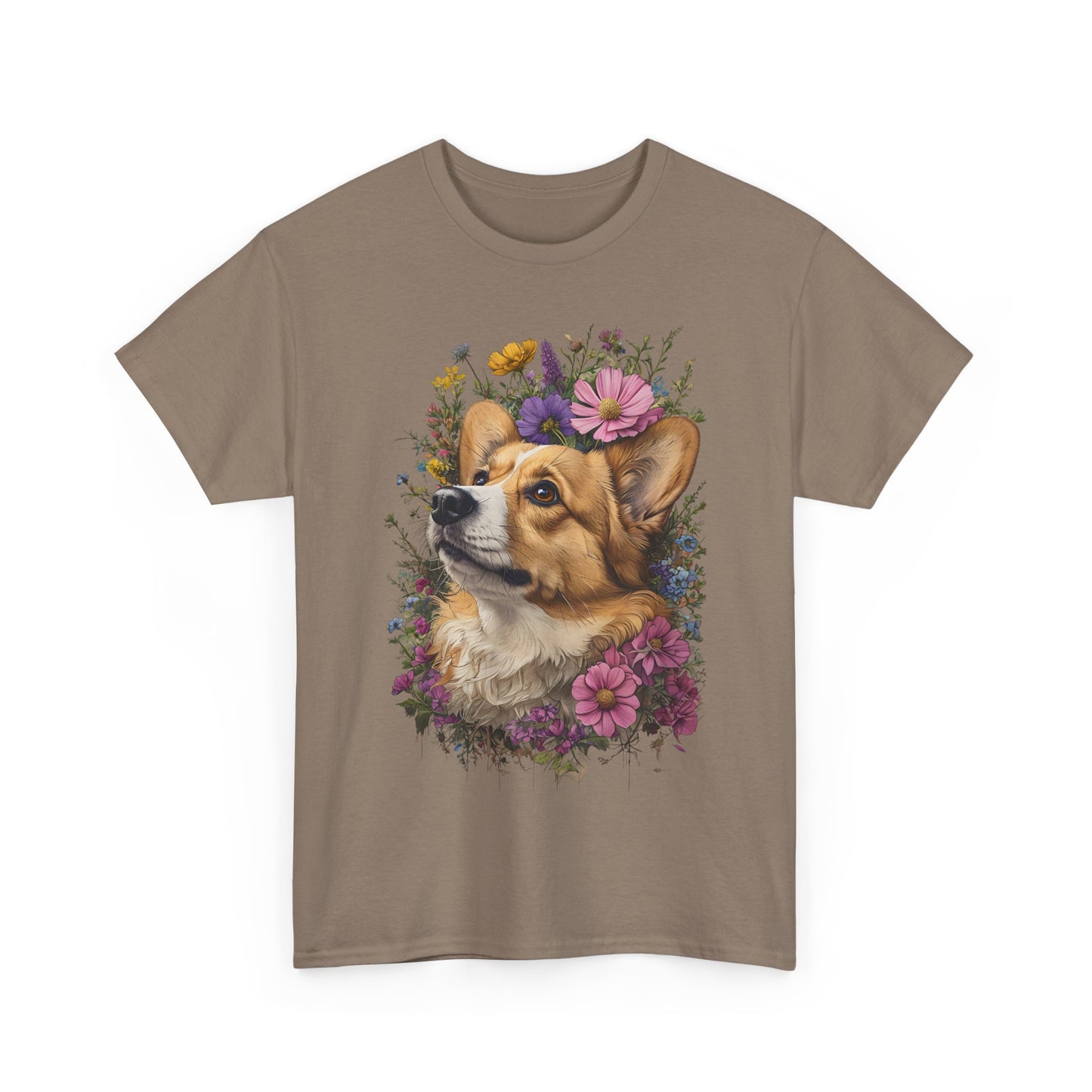 "Red Corgi w/ Flowers" Unisex Heavy Cotton Tee