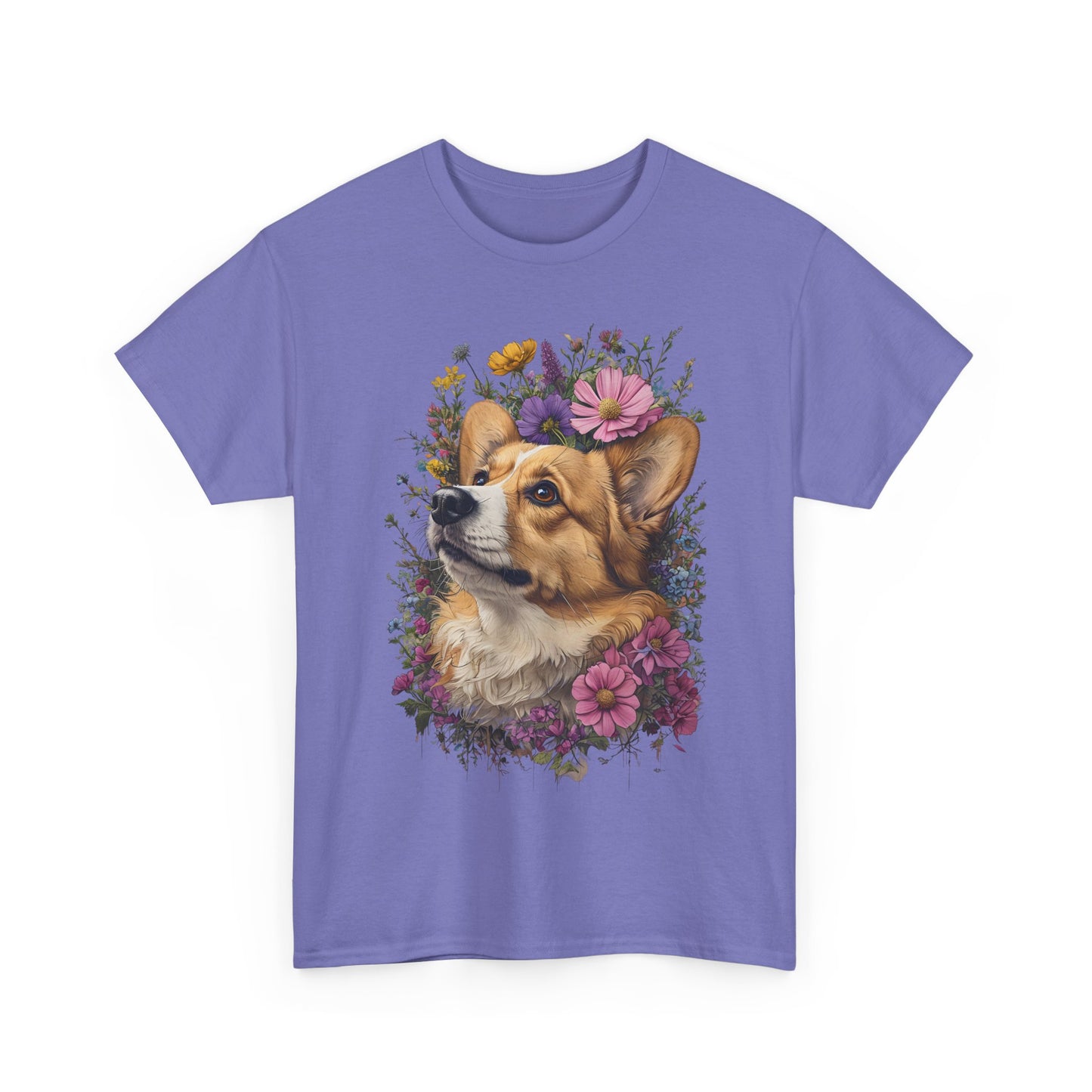 "Red Corgi w/ Flowers" Unisex Heavy Cotton Tee