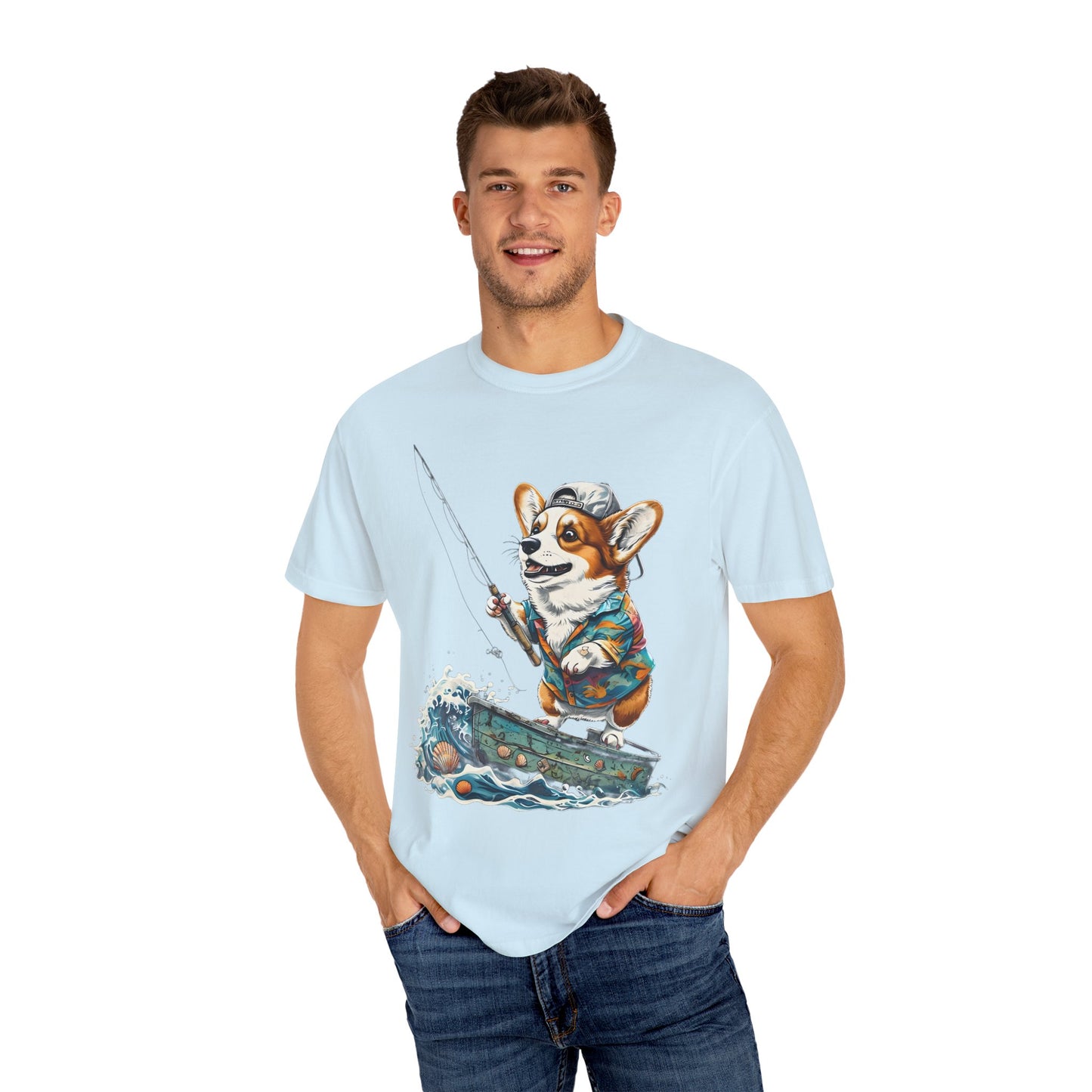 "Corgi Fishing" Unisex Garment-Dyed T-shirt