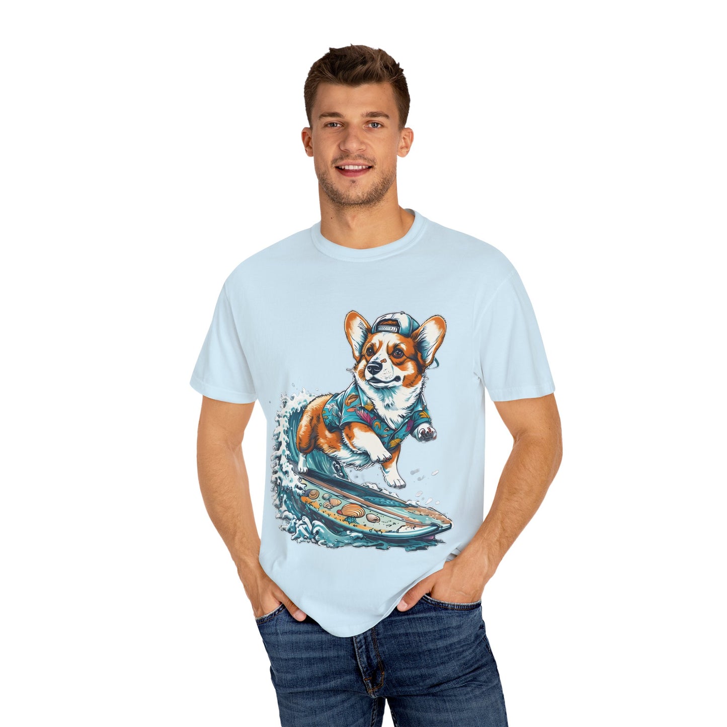"Corgi Surfing" Unisex Garment-Dyed T-shirt