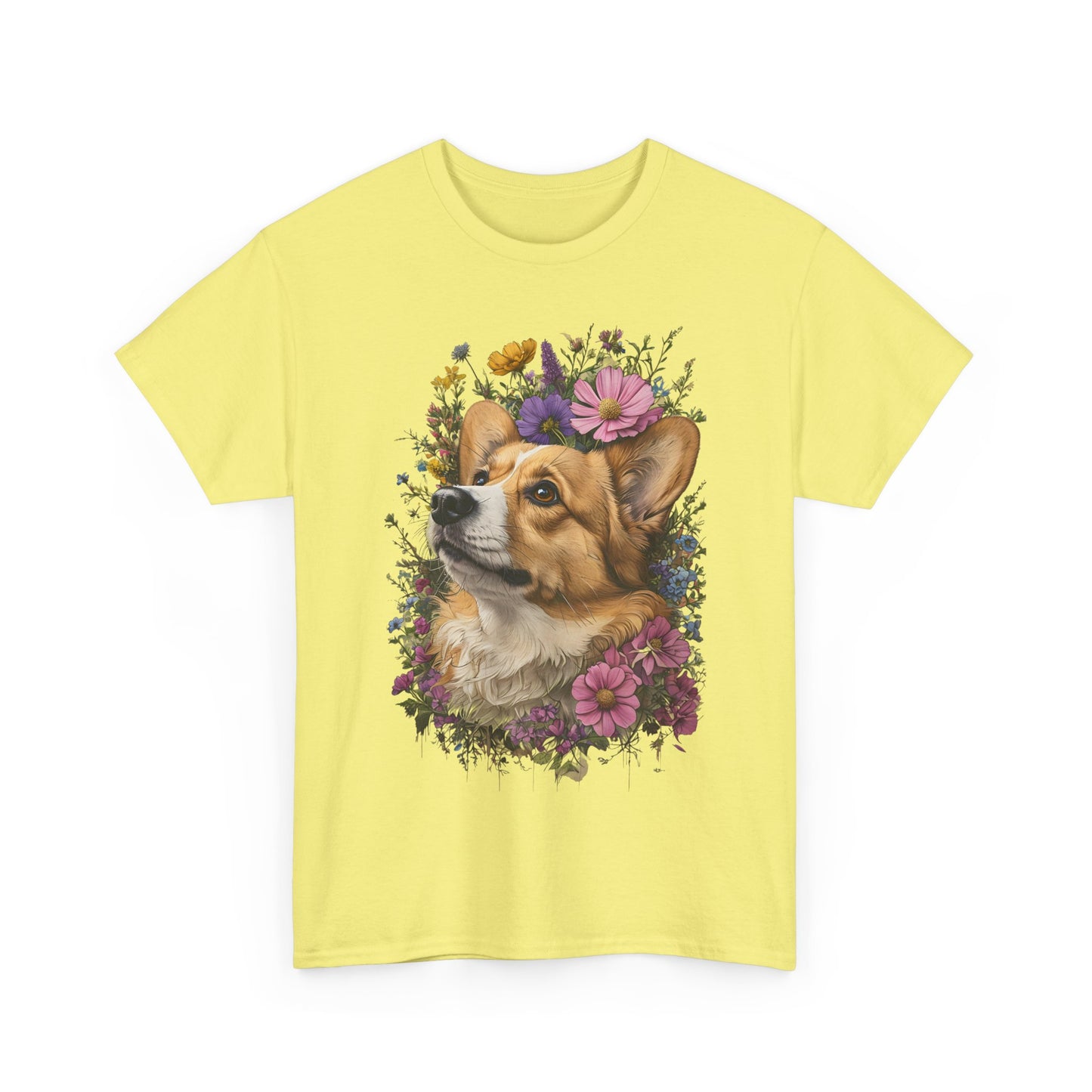 "Red Corgi w/ Flowers" Unisex Heavy Cotton Tee