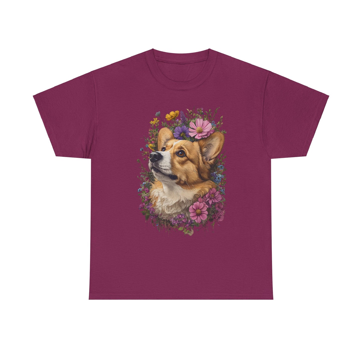 "Red Corgi w/ Flowers" Unisex Heavy Cotton Tee