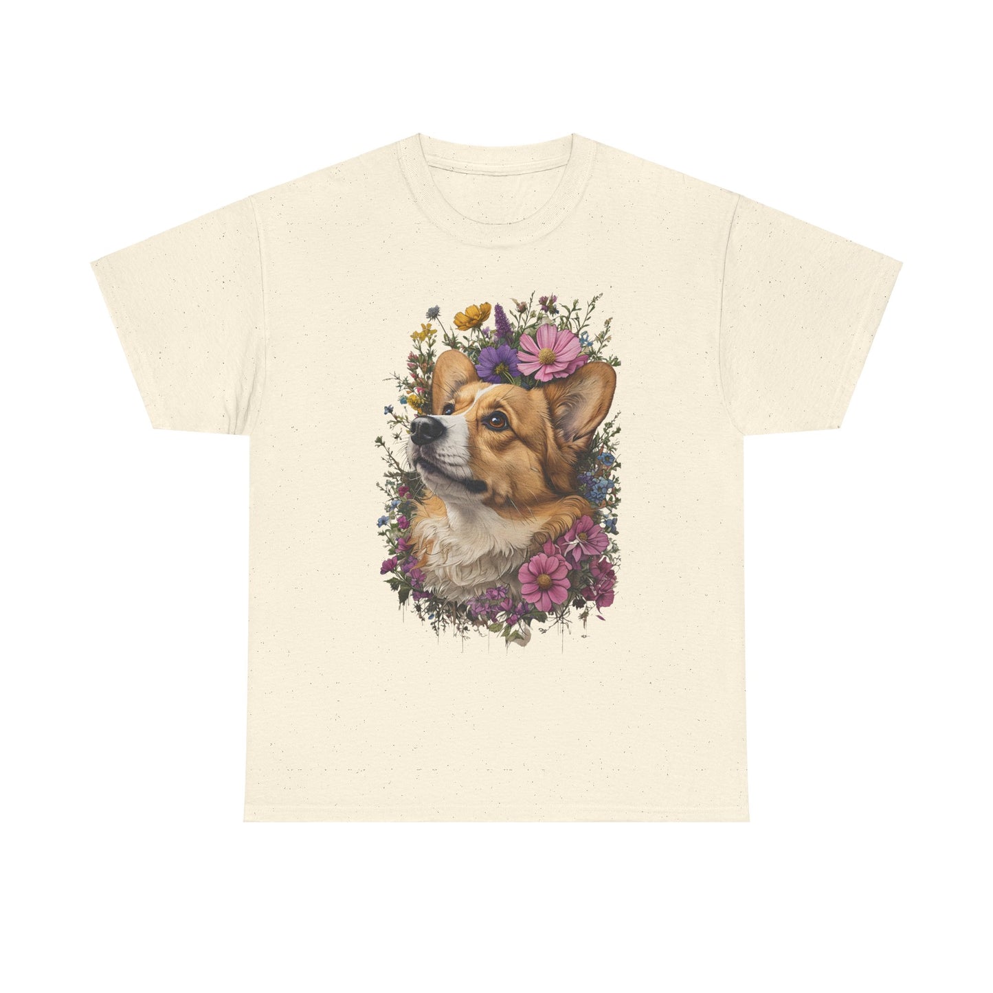 "Red Corgi w/ Flowers" Unisex Heavy Cotton Tee