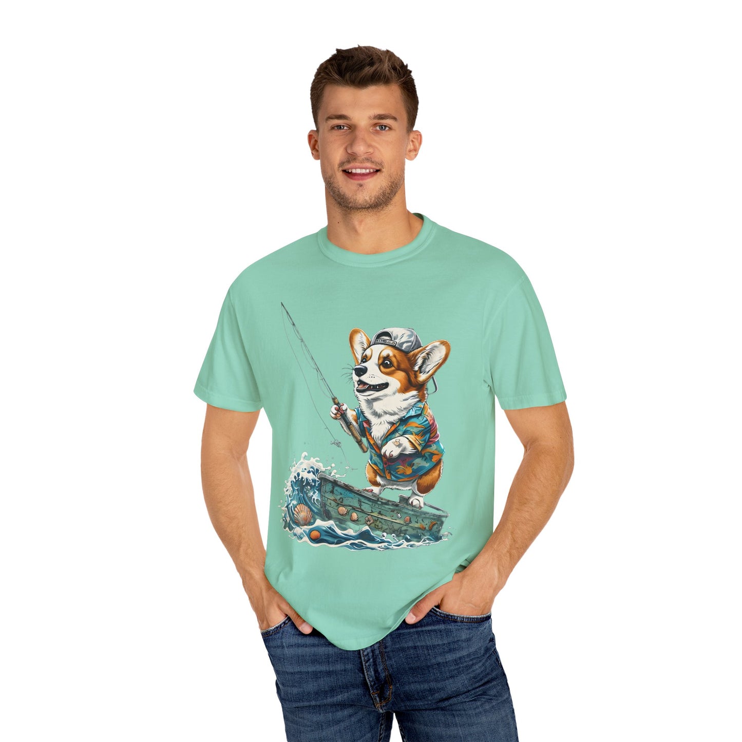 "Corgi Fishing" Unisex Garment-Dyed T-shirt
