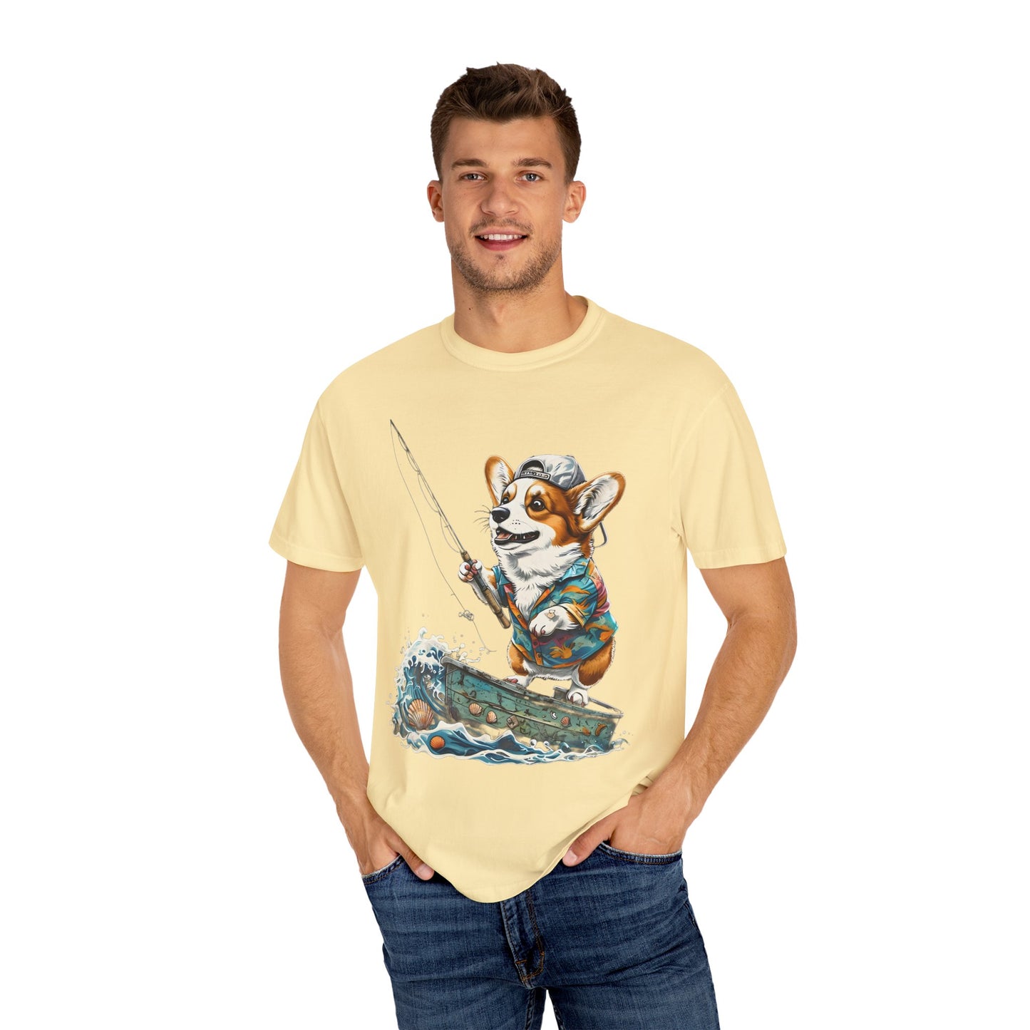 "Corgi Fishing" Unisex Garment-Dyed T-shirt