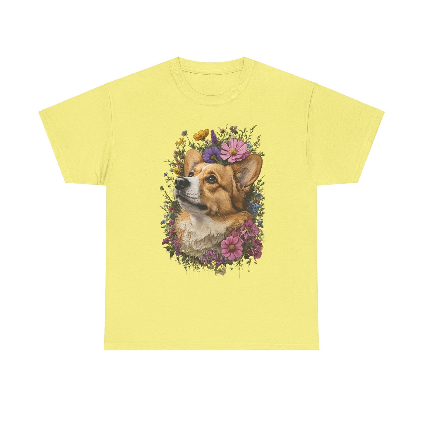 "Red Corgi w/ Flowers" Unisex Heavy Cotton Tee