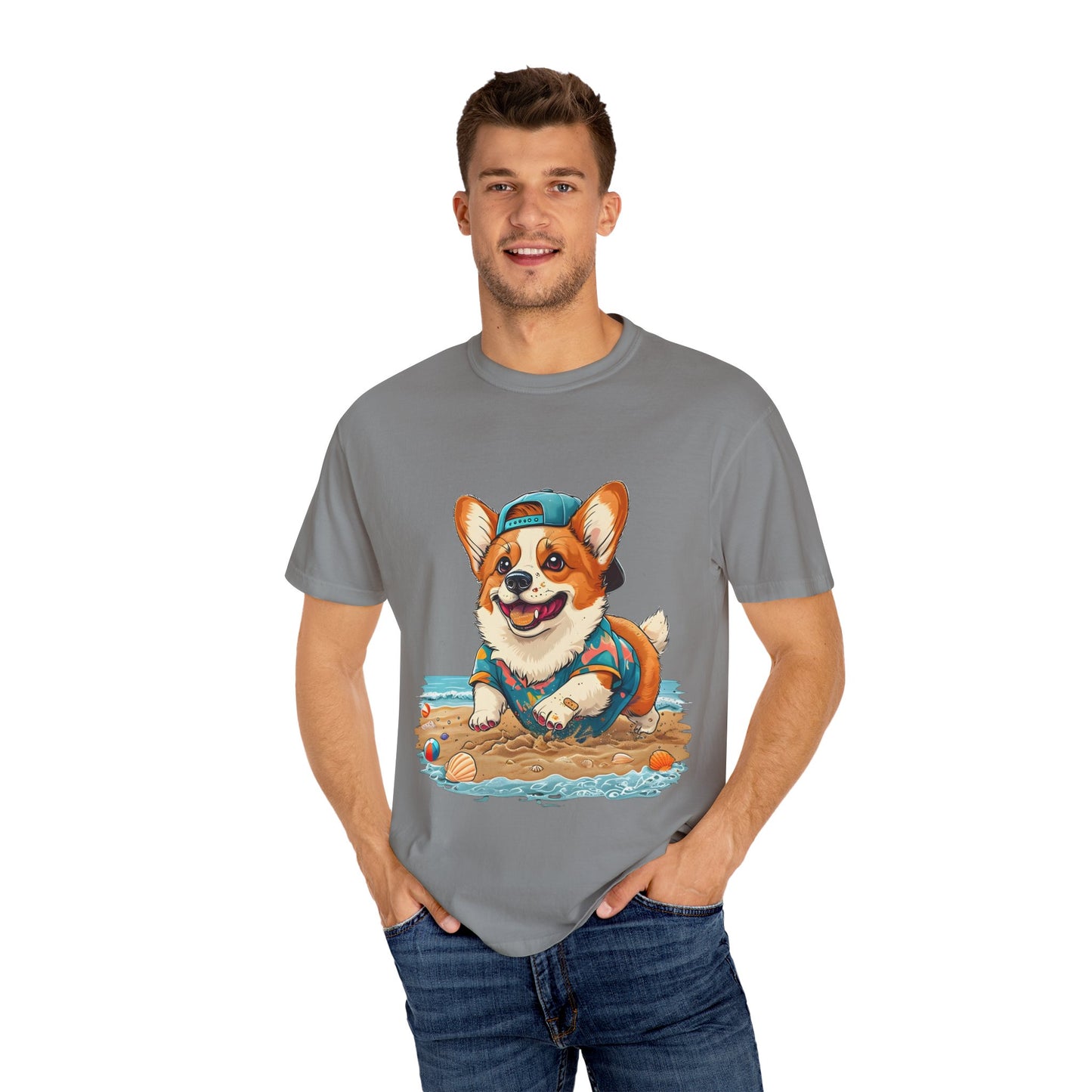 "Corgi Playing In Sand" Unisex Garment-Dyed T-shirt