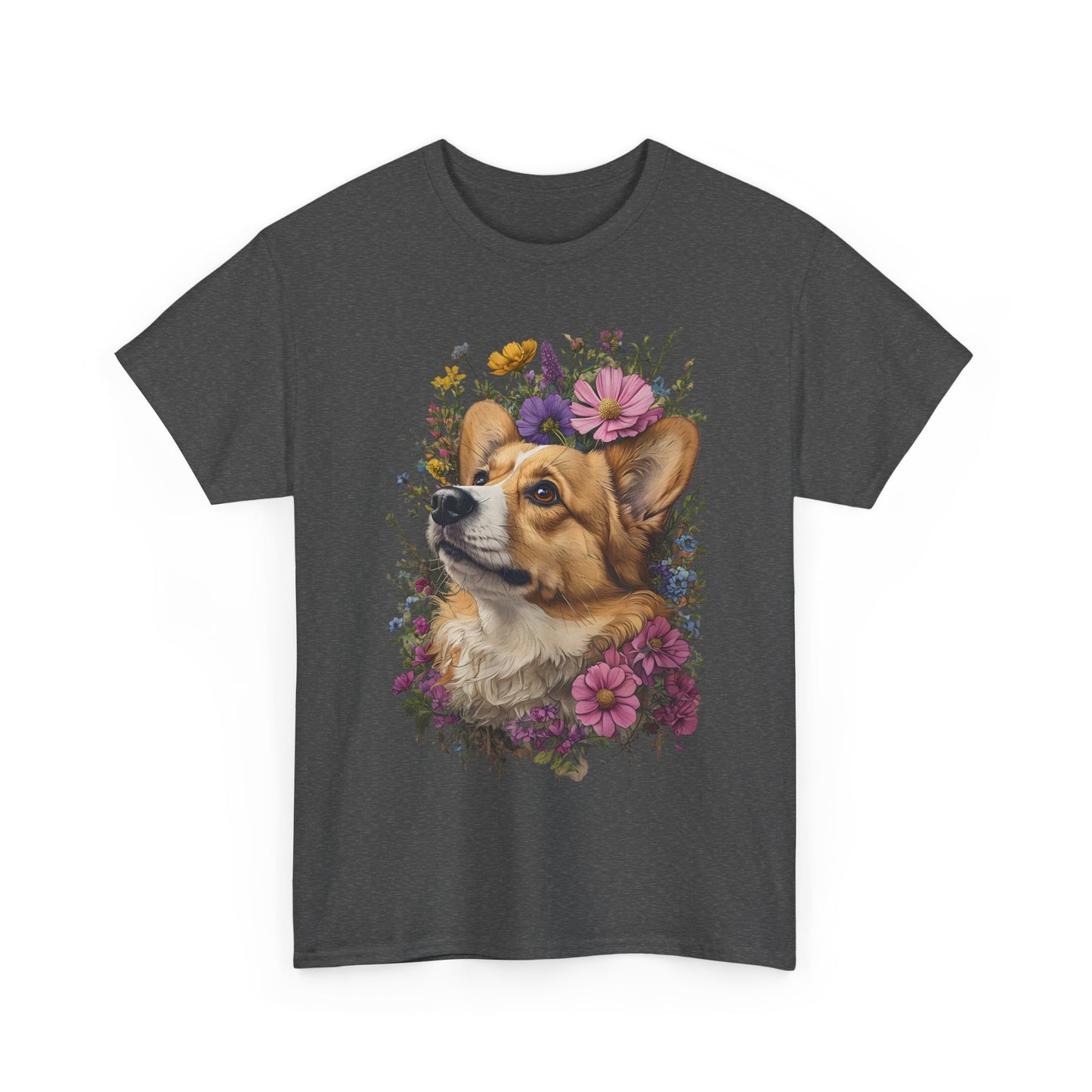 "Red Corgi w/ Flowers" Unisex Heavy Cotton Tee