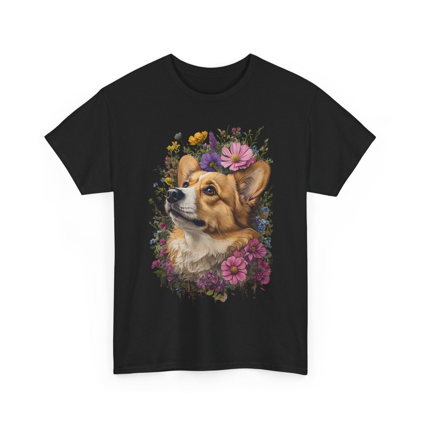 "Red Corgi w/ Flowers" Unisex Heavy Cotton Tee