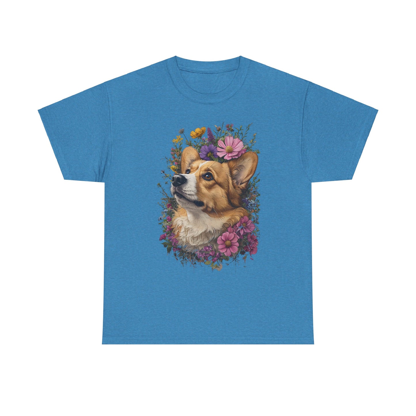 "Red Corgi w/ Flowers" Unisex Heavy Cotton Tee