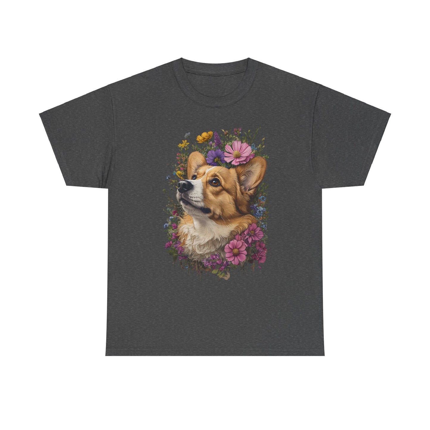 "Red Corgi w/ Flowers" Unisex Heavy Cotton Tee