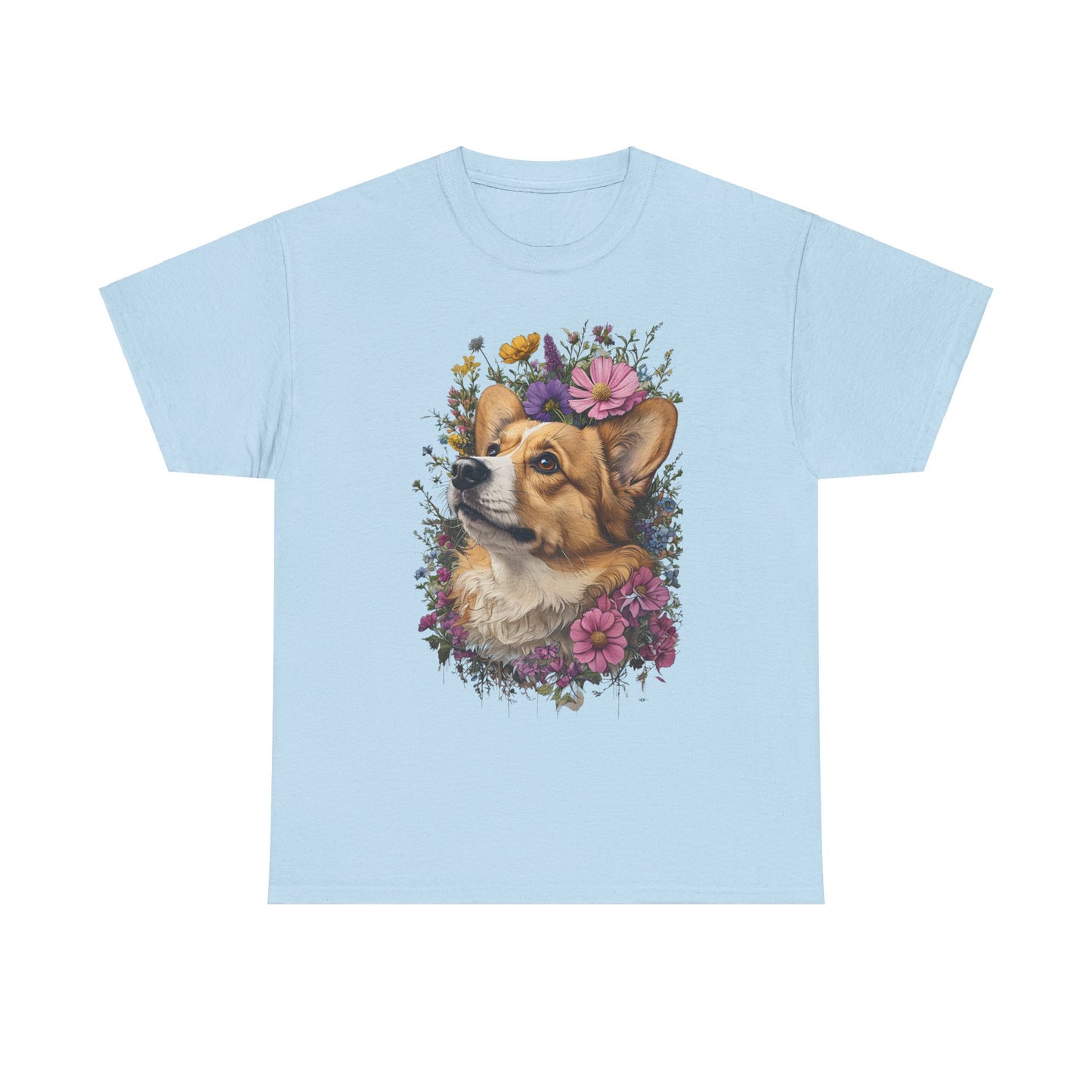 "Red Corgi w/ Flowers" Unisex Heavy Cotton Tee