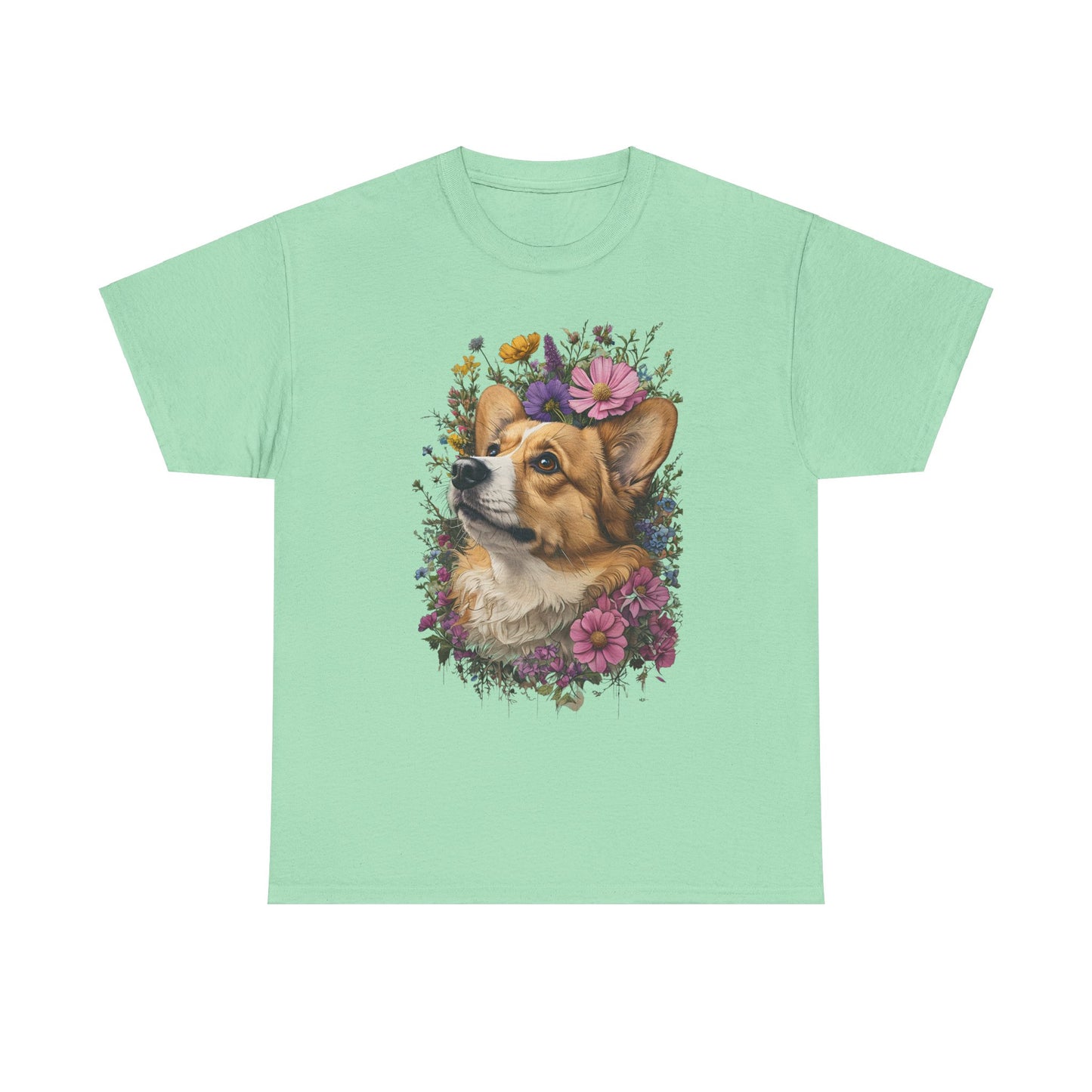 "Red Corgi w/ Flowers" Unisex Heavy Cotton Tee