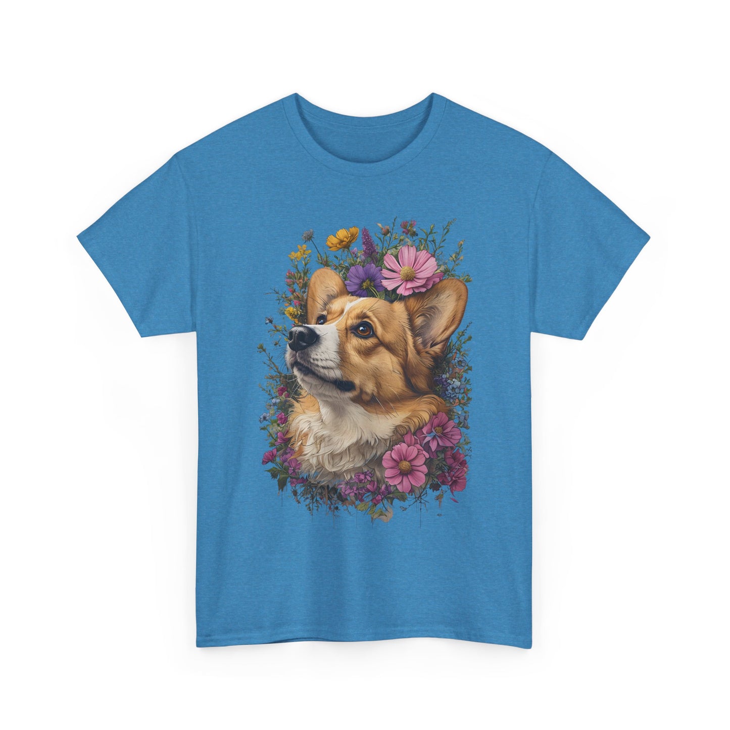 "Red Corgi w/ Flowers" Unisex Heavy Cotton Tee