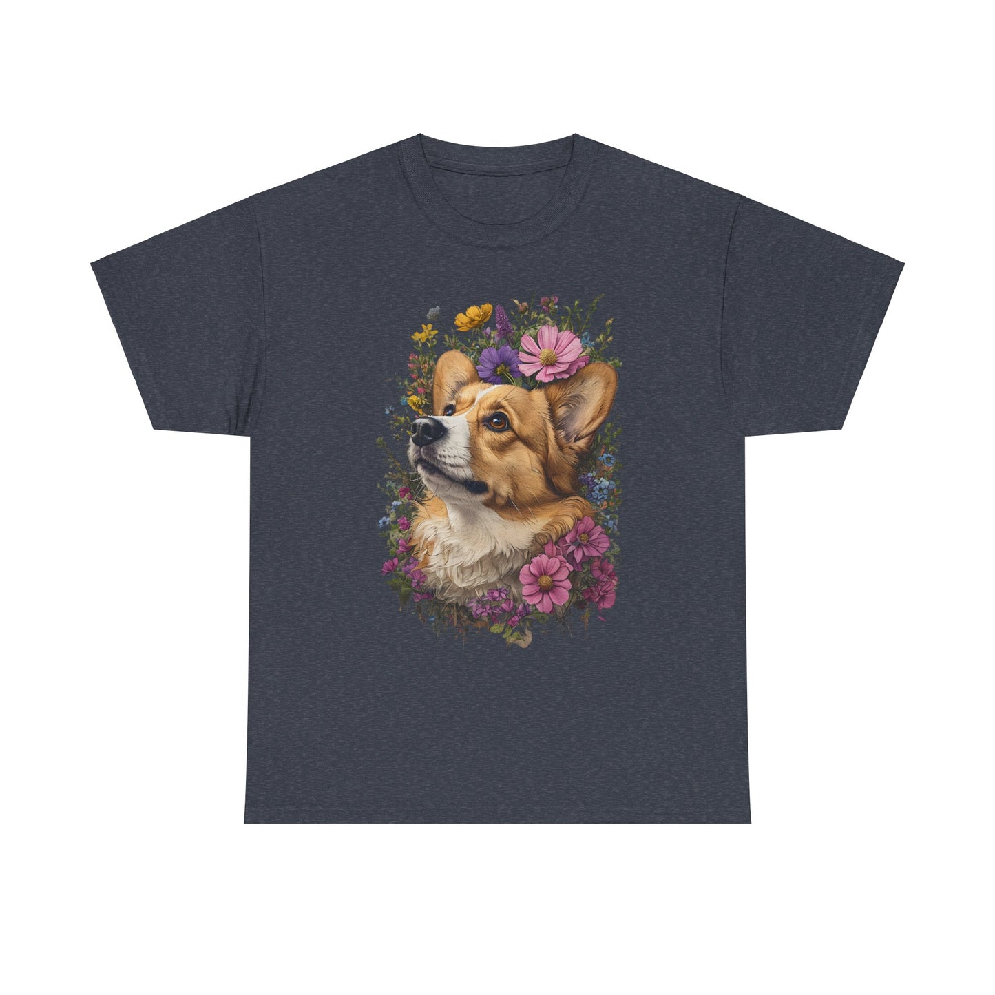 "Red Corgi w/ Flowers" Unisex Heavy Cotton Tee