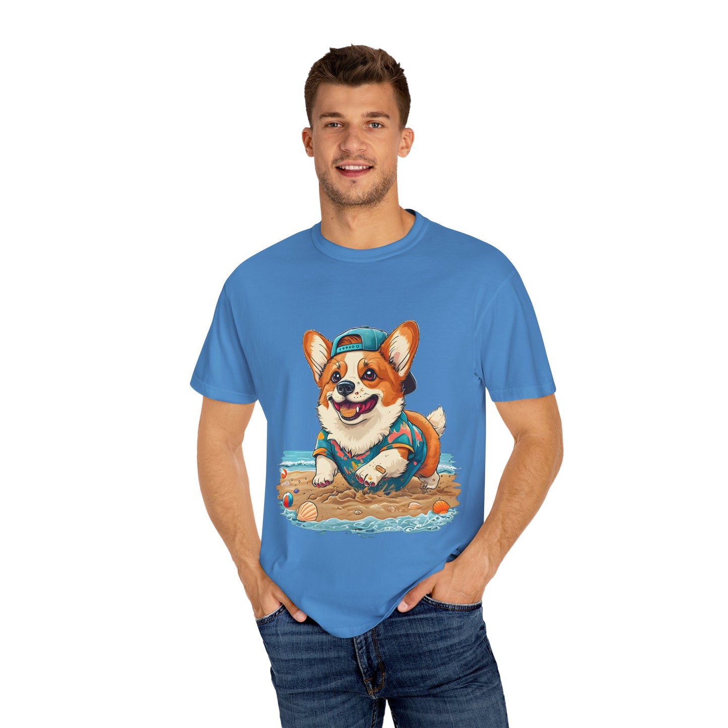"Corgi Playing In Sand" Unisex Garment-Dyed T-shirt