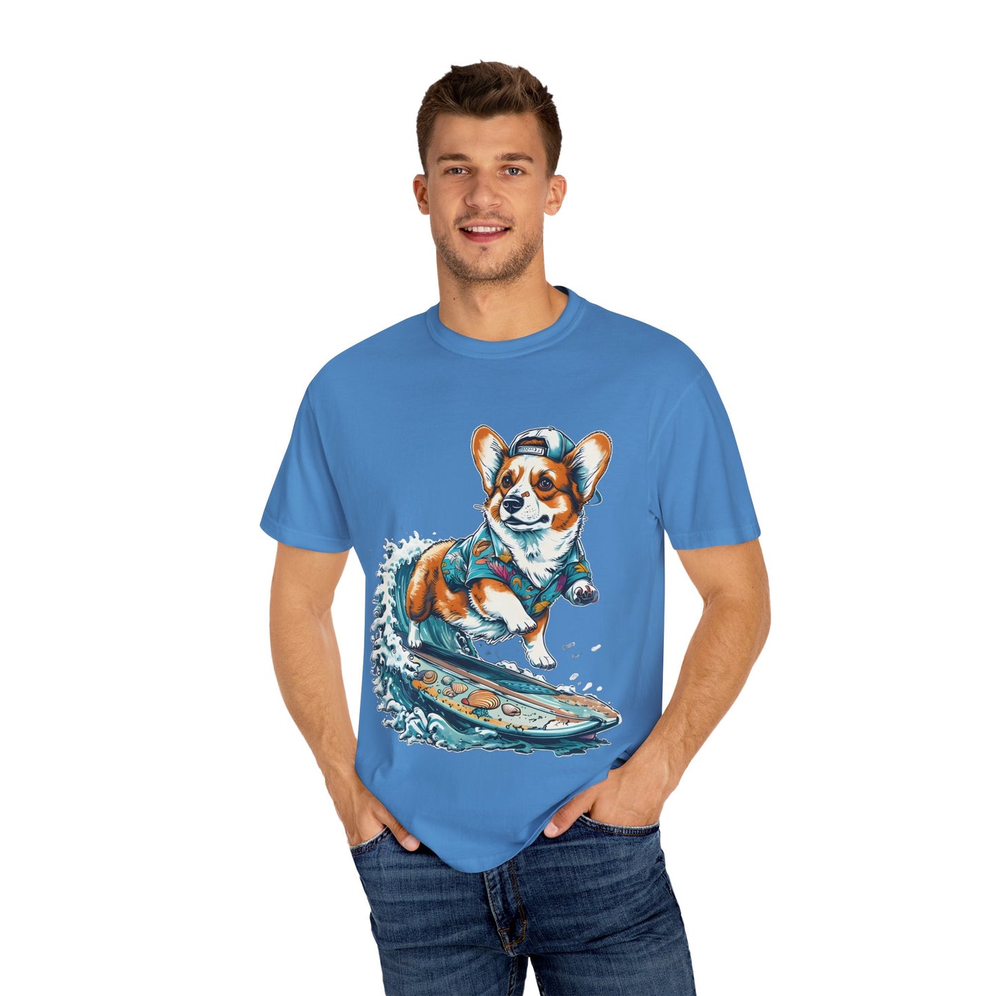 "Corgi Surfing" Unisex Garment-Dyed T-shirt