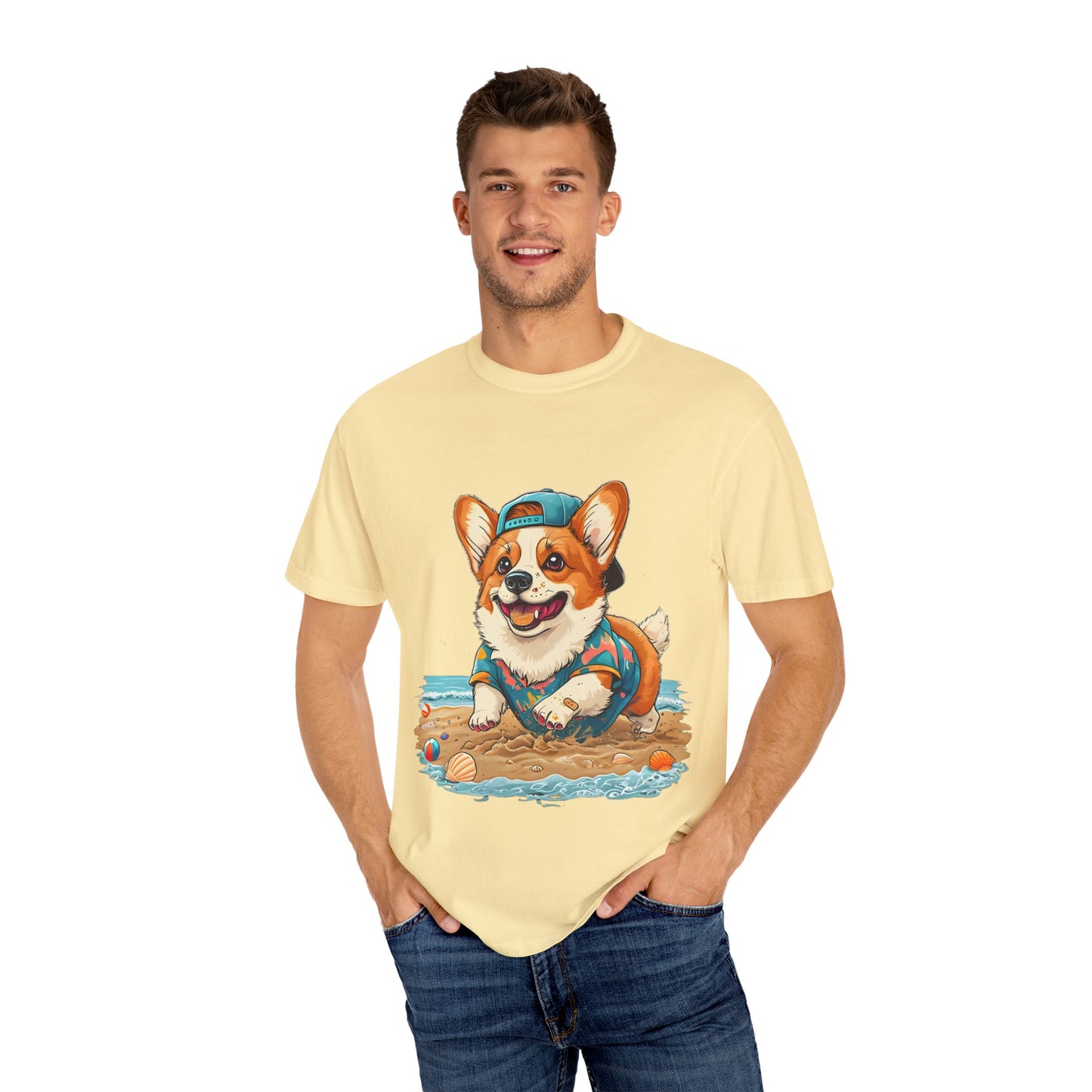 "Corgi Playing In Sand" Unisex Garment-Dyed T-shirt