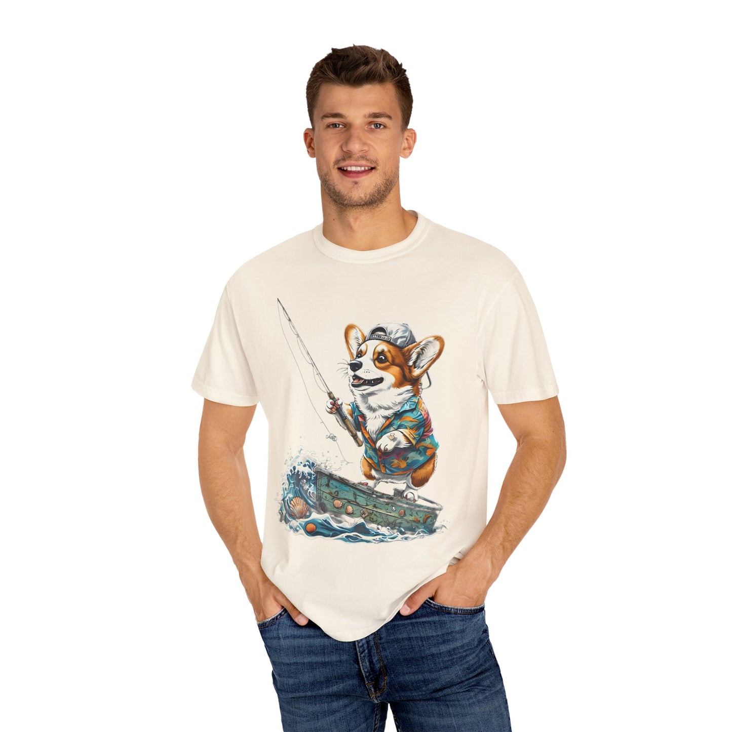 "Corgi Fishing" Unisex Garment-Dyed T-shirt