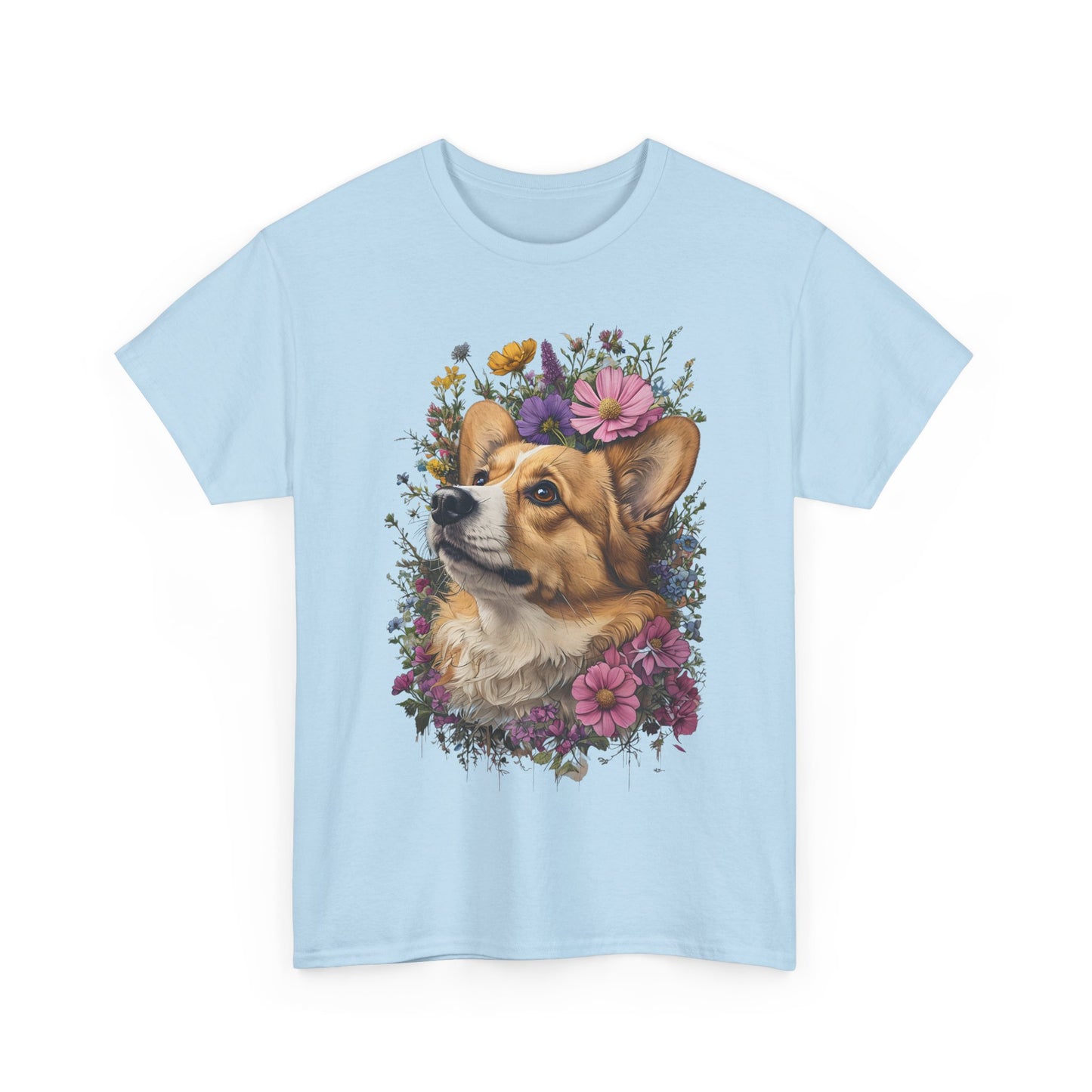 "Red Corgi w/ Flowers" Unisex Heavy Cotton Tee