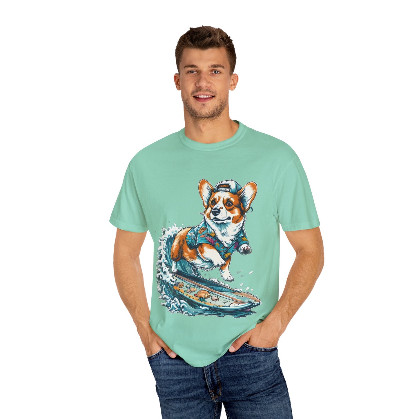 "Corgi Surfing" Unisex Garment-Dyed T-shirt