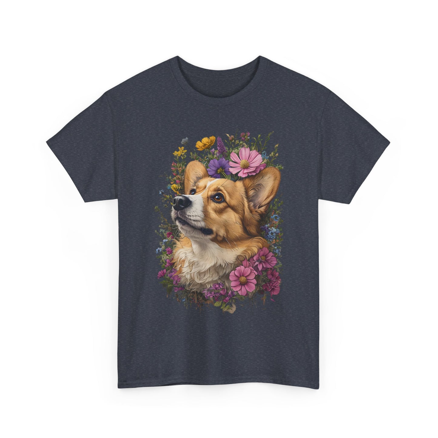 "Red Corgi w/ Flowers" Unisex Heavy Cotton Tee