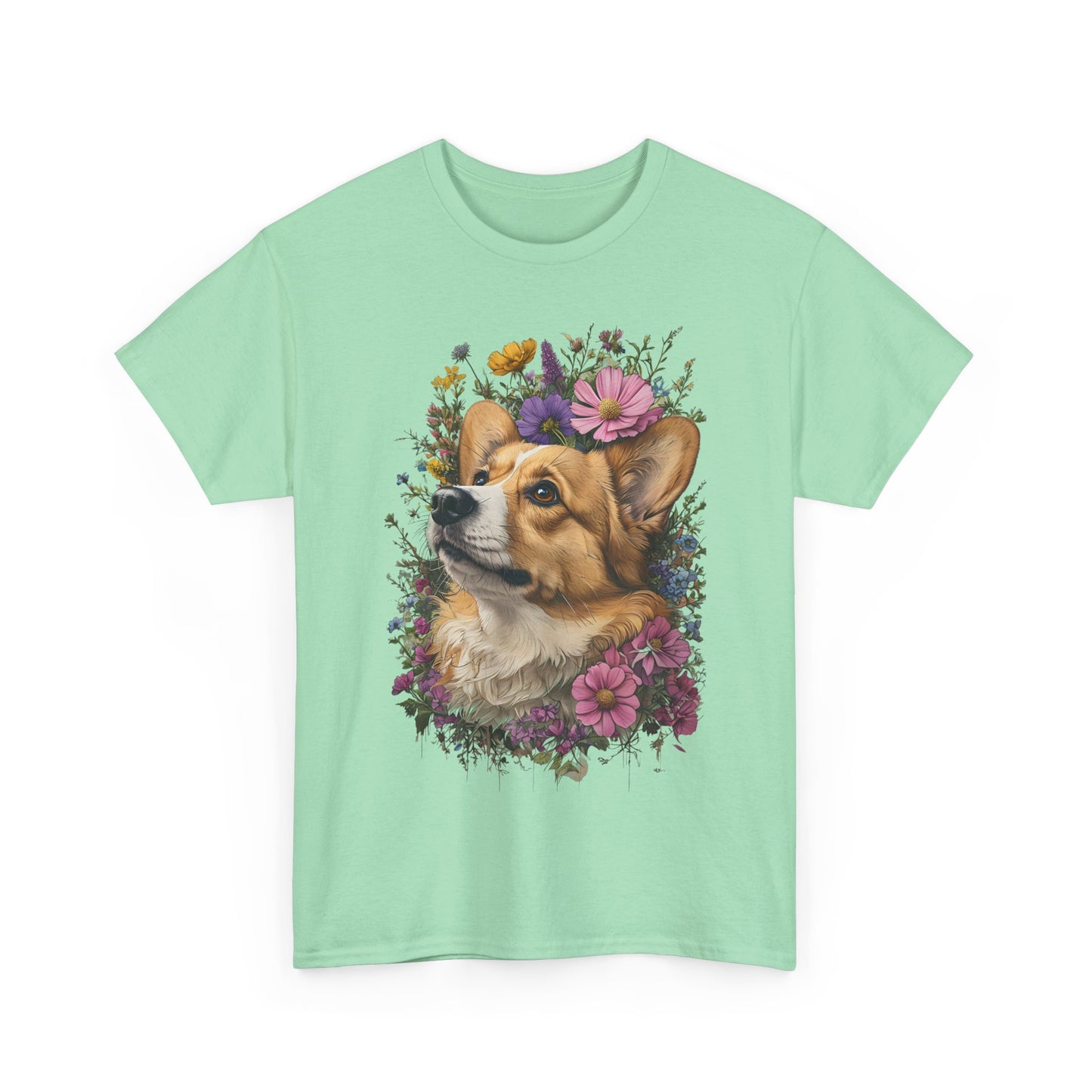 "Red Corgi w/ Flowers" Unisex Heavy Cotton Tee