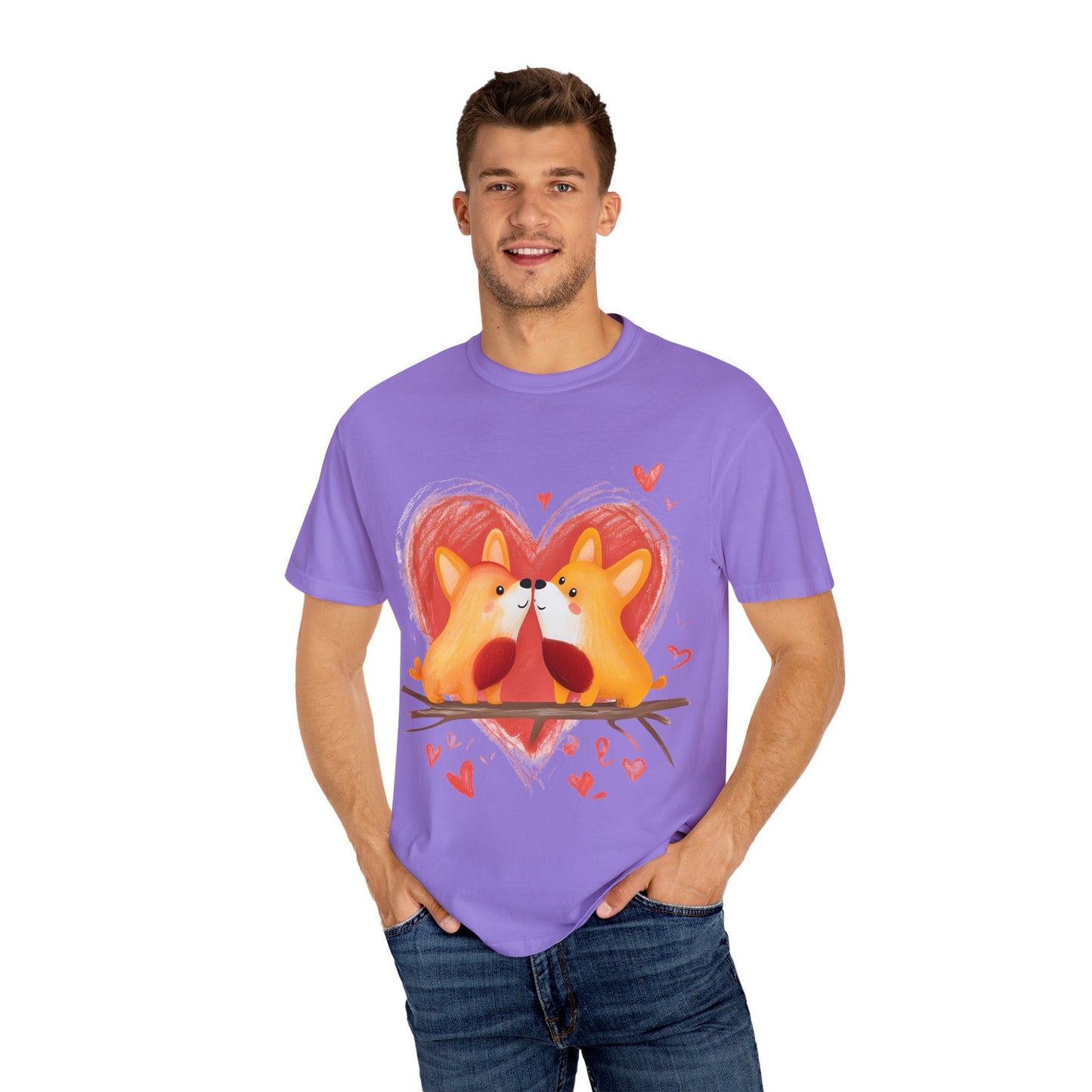 "Corgi Love Birds" Unisex Garment-Dyed T-shirt