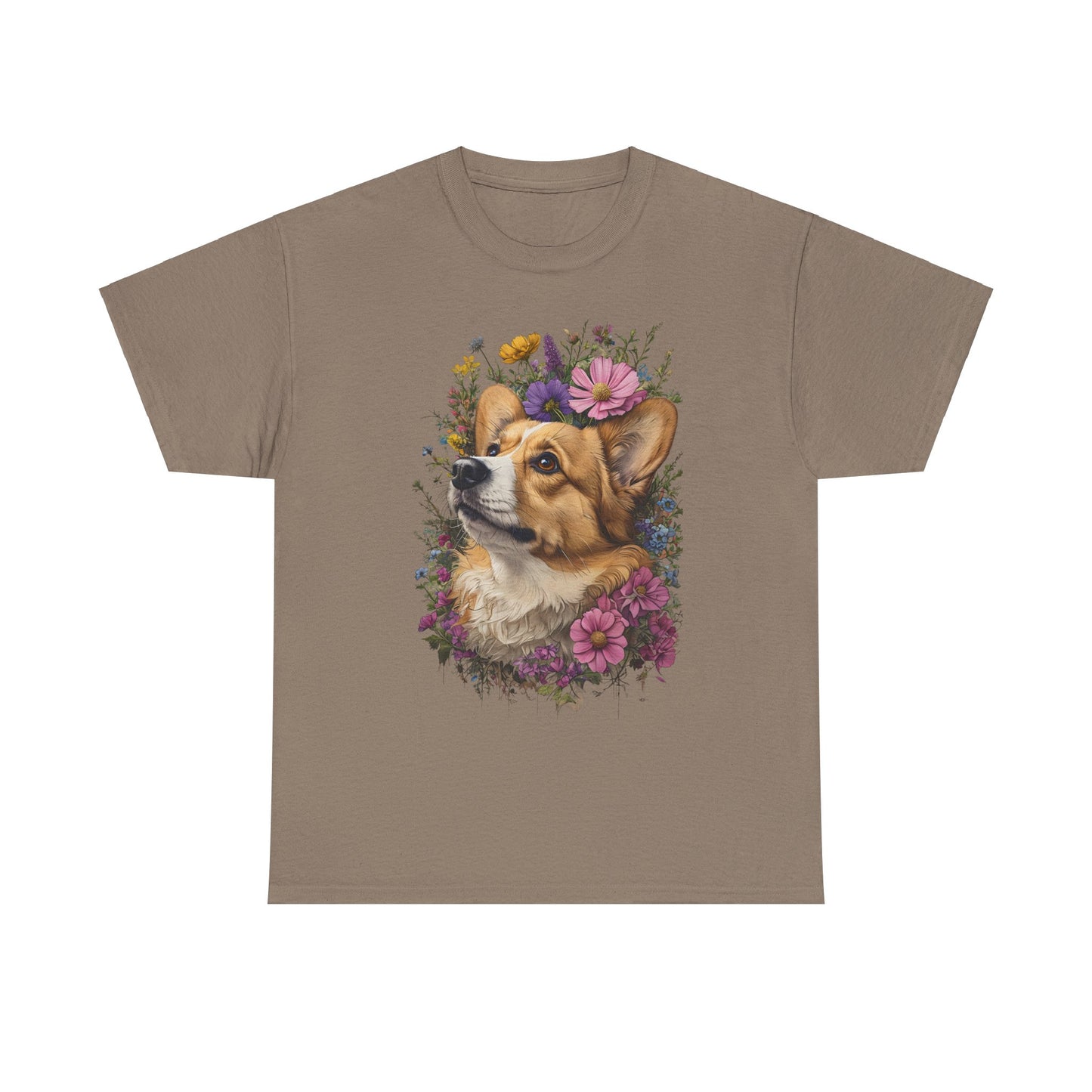 "Red Corgi w/ Flowers" Unisex Heavy Cotton Tee