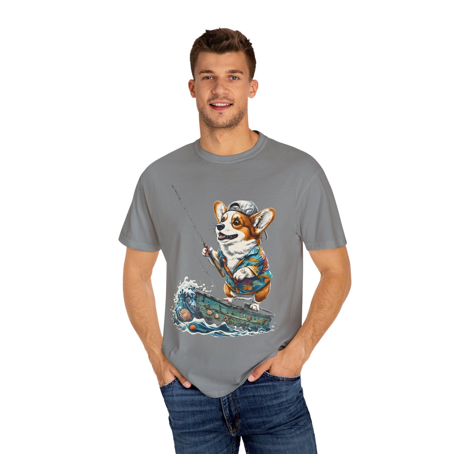 "Corgi Fishing" Unisex Garment-Dyed T-shirt