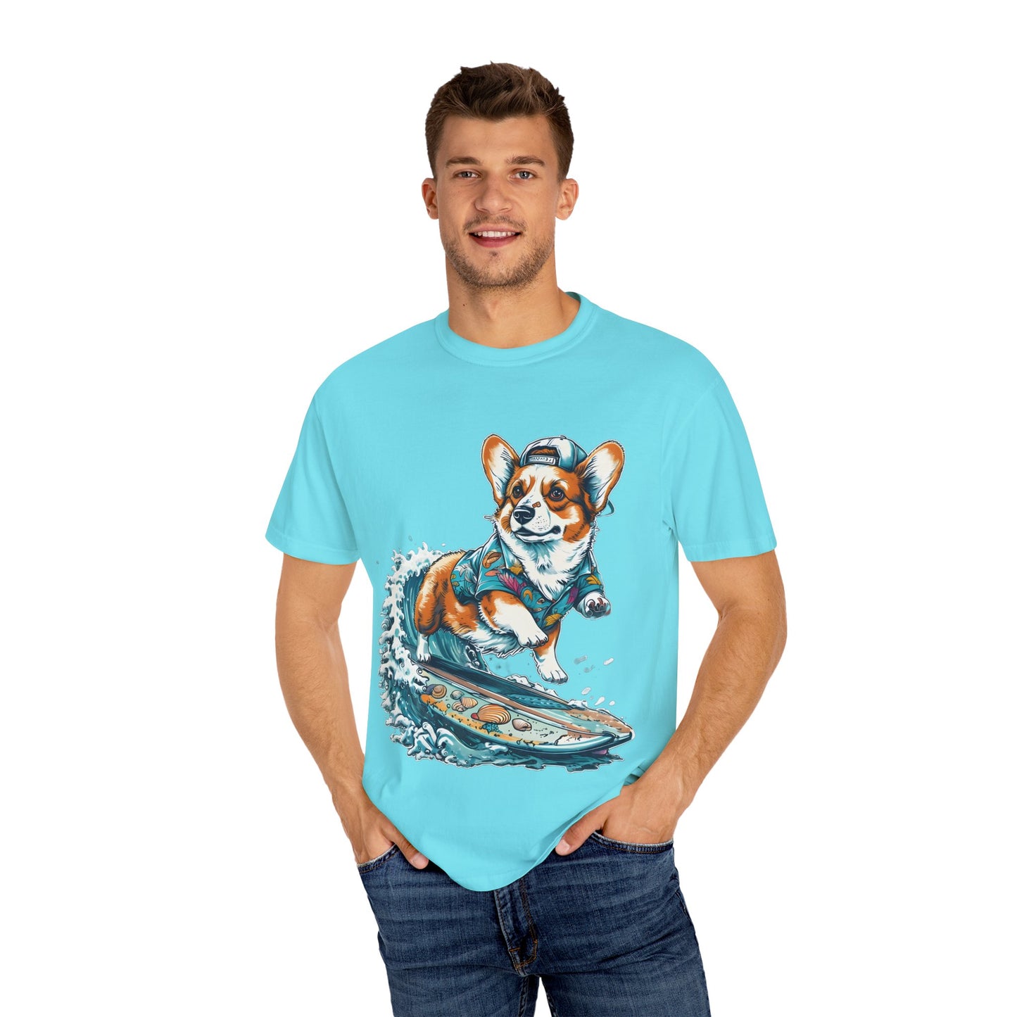 "Corgi Surfing" Unisex Garment-Dyed T-shirt