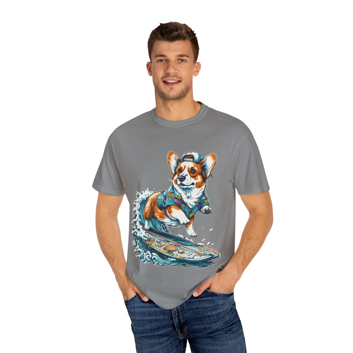"Corgi Surfing" Unisex Garment-Dyed T-shirt