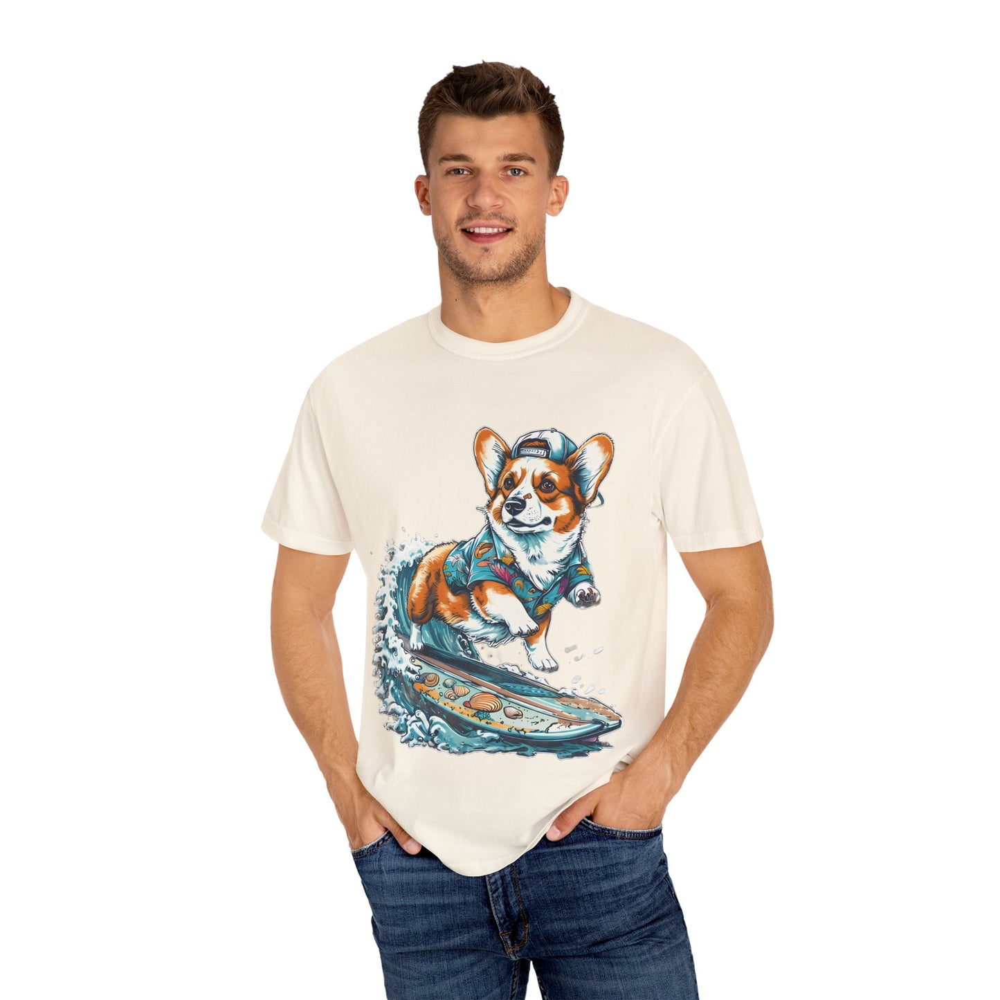 "Corgi Surfing" Unisex Garment-Dyed T-shirt