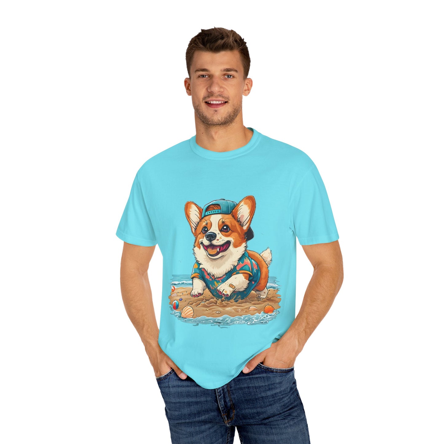"Corgi Playing In Sand" Unisex Garment-Dyed T-shirt