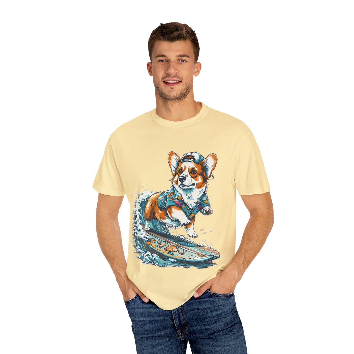 "Corgi Surfing" Unisex Garment-Dyed T-shirt