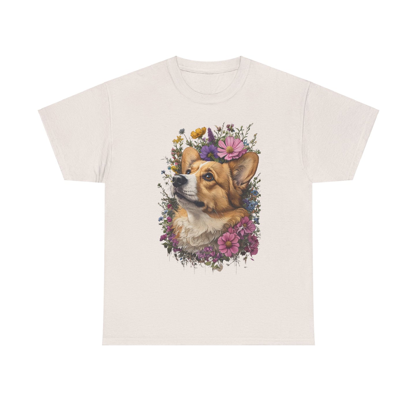"Red Corgi w/ Flowers" Unisex Heavy Cotton Tee