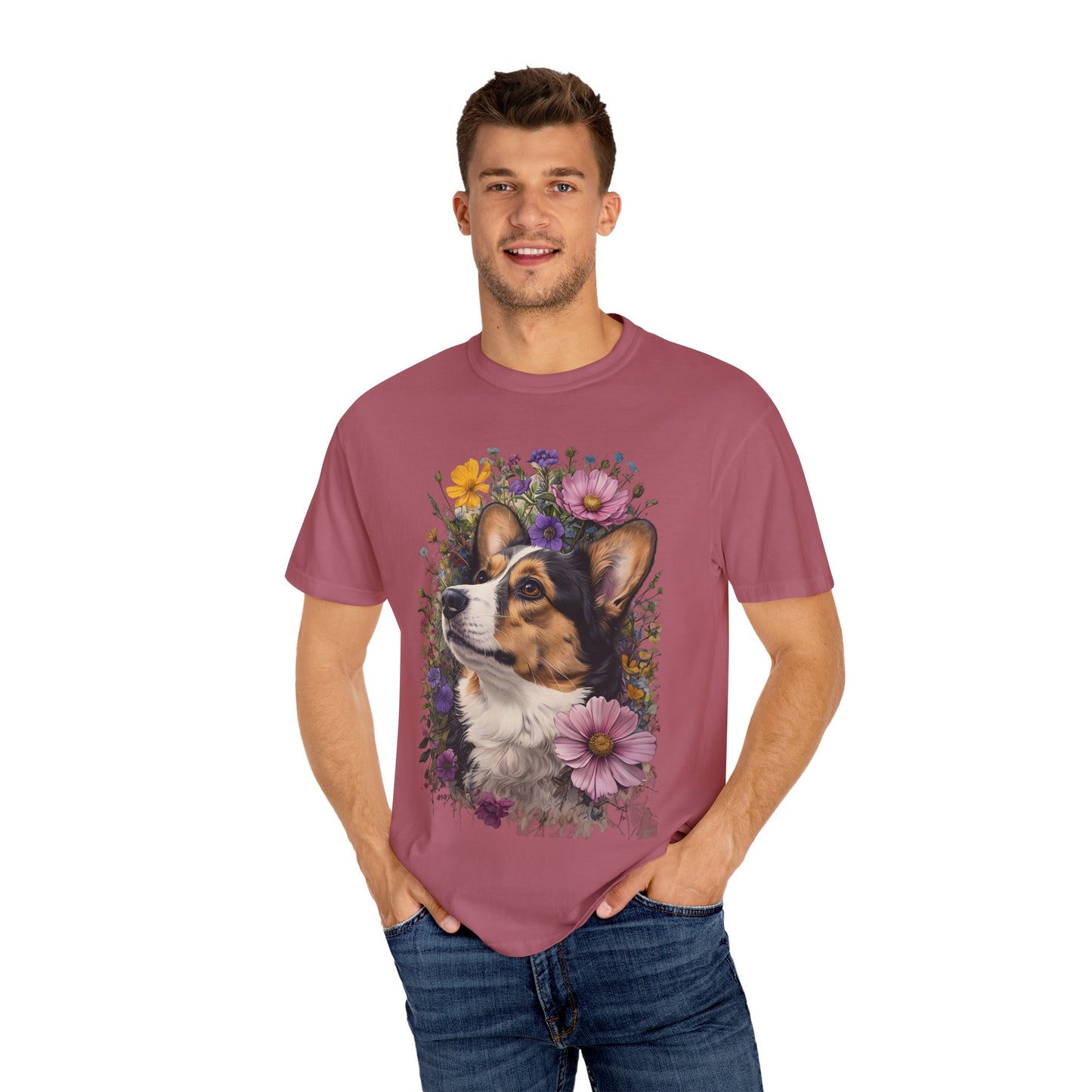 "RHT Corgi w/Flowers" Unisex Garment-Dyed T-shirt