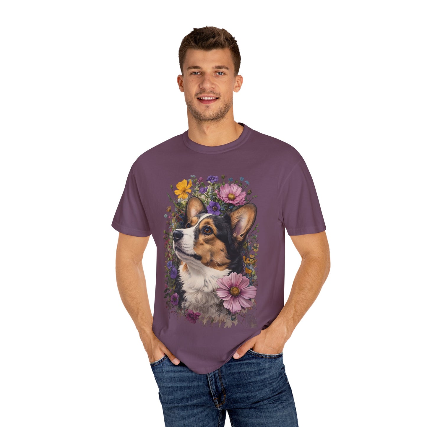 "RHT Corgi w/Flowers" Unisex Garment-Dyed T-shirt