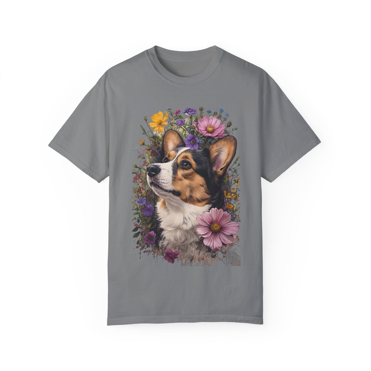 "RHT Corgi w/Flowers" Unisex Garment-Dyed T-shirt