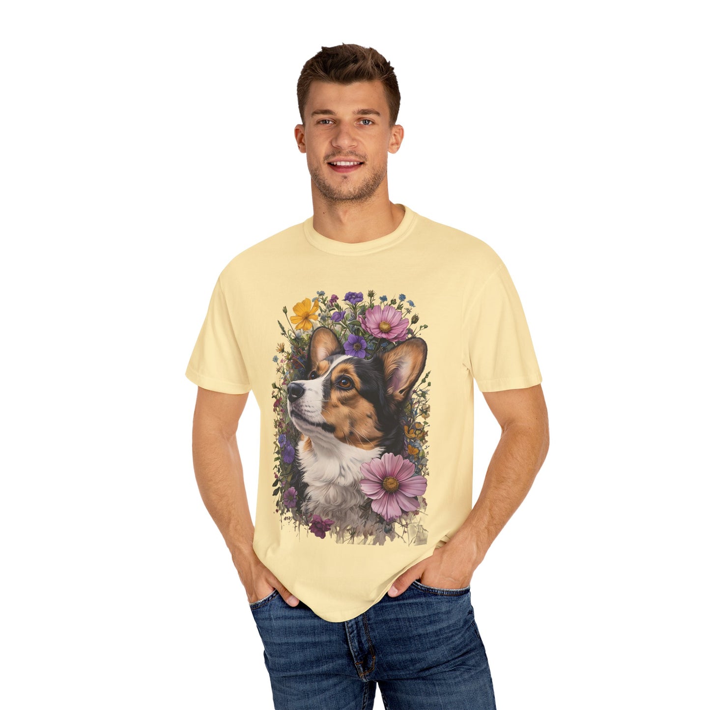 "RHT Corgi w/Flowers" Unisex Garment-Dyed T-shirt