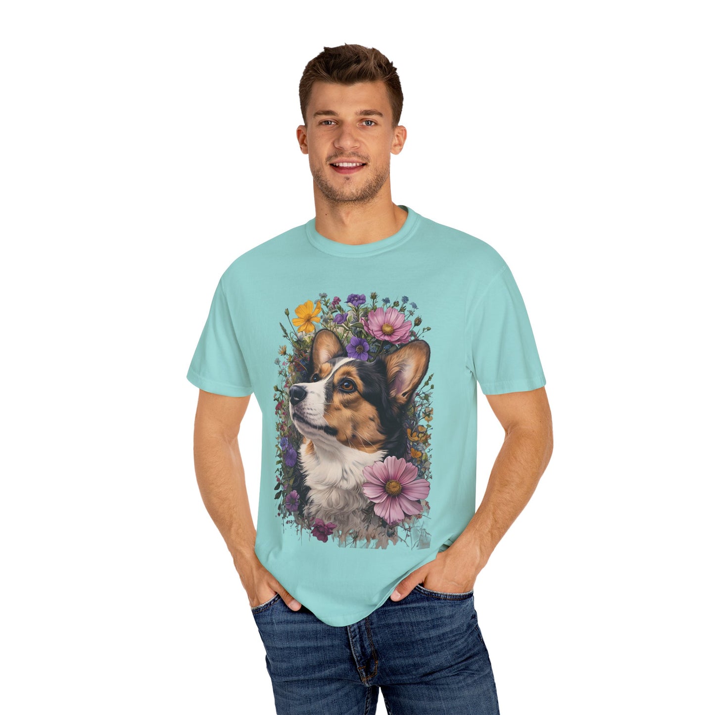 "RHT Corgi w/Flowers" Unisex Garment-Dyed T-shirt